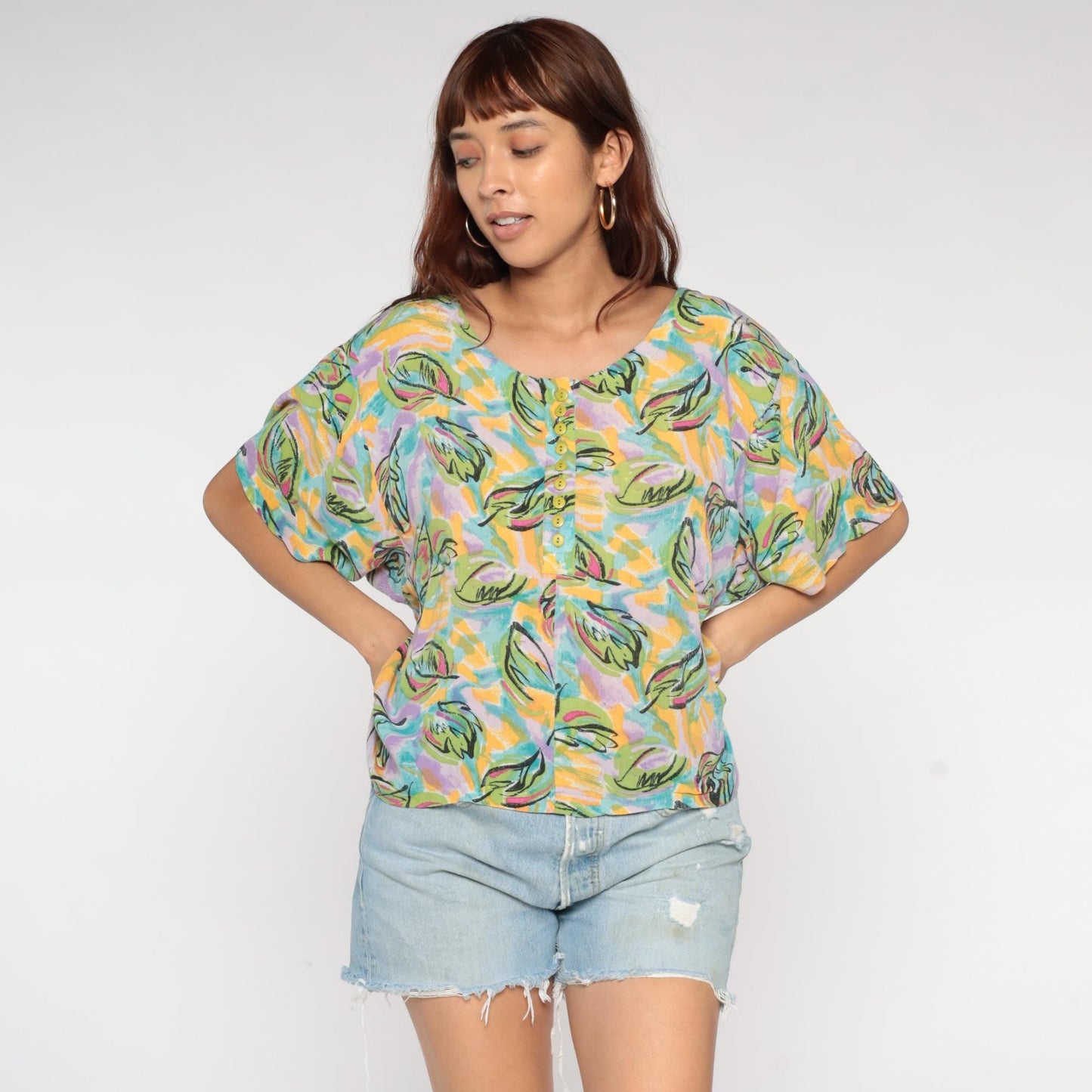 90s Forenza Tropical Leaf Print Button-Up Blouse Short Sleeve Medium M