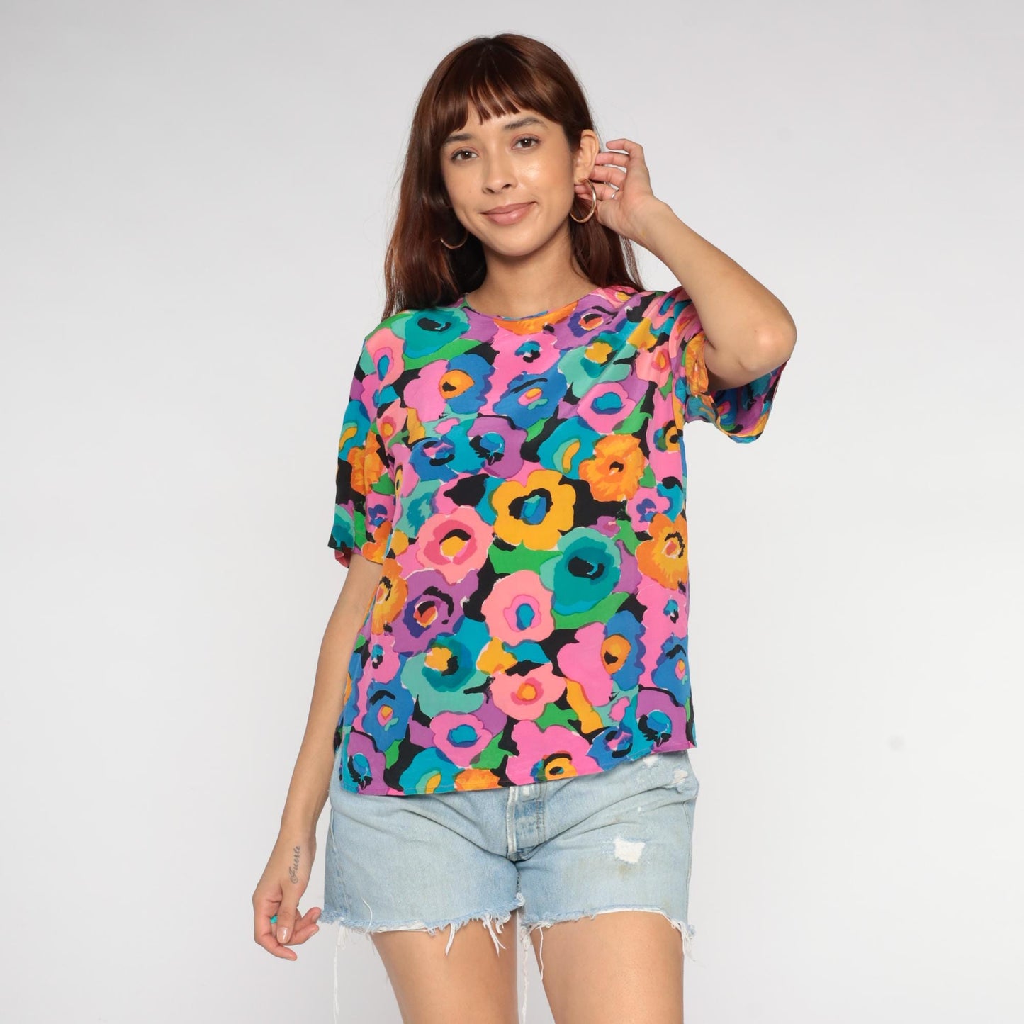 90s Spencer Jeremy Silk Blouse Abstract Floral Print Multicolor Medium M