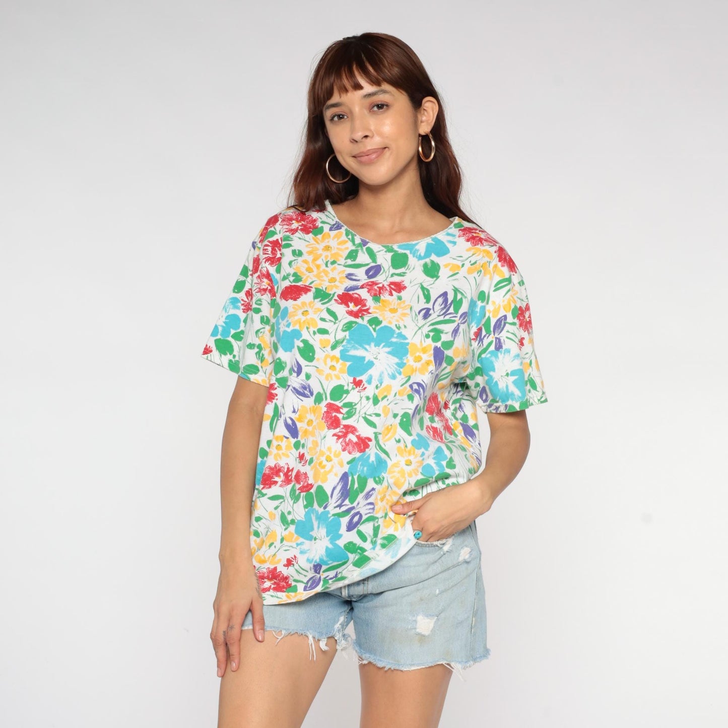 90s Basic Editions Floral T-Shirt Multicolor Watercolor Daisy White Large L