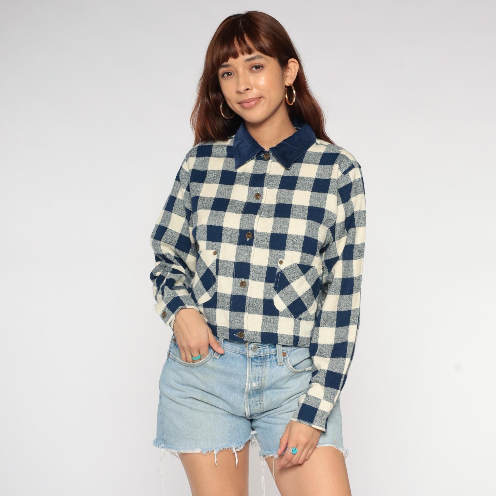 90s Commotion Buffalo Check Flannel Shirt Navy Cream Cropped Large L