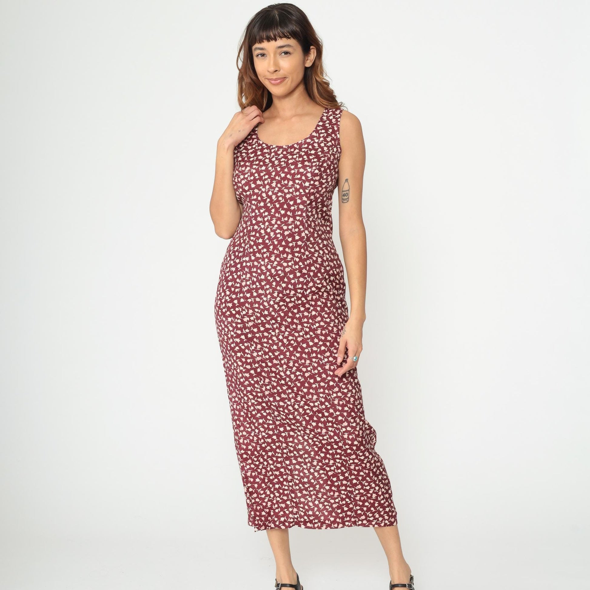 90s Burgundy Floral Midi Dress Rayon Sleeveless Scoop Neck Medium