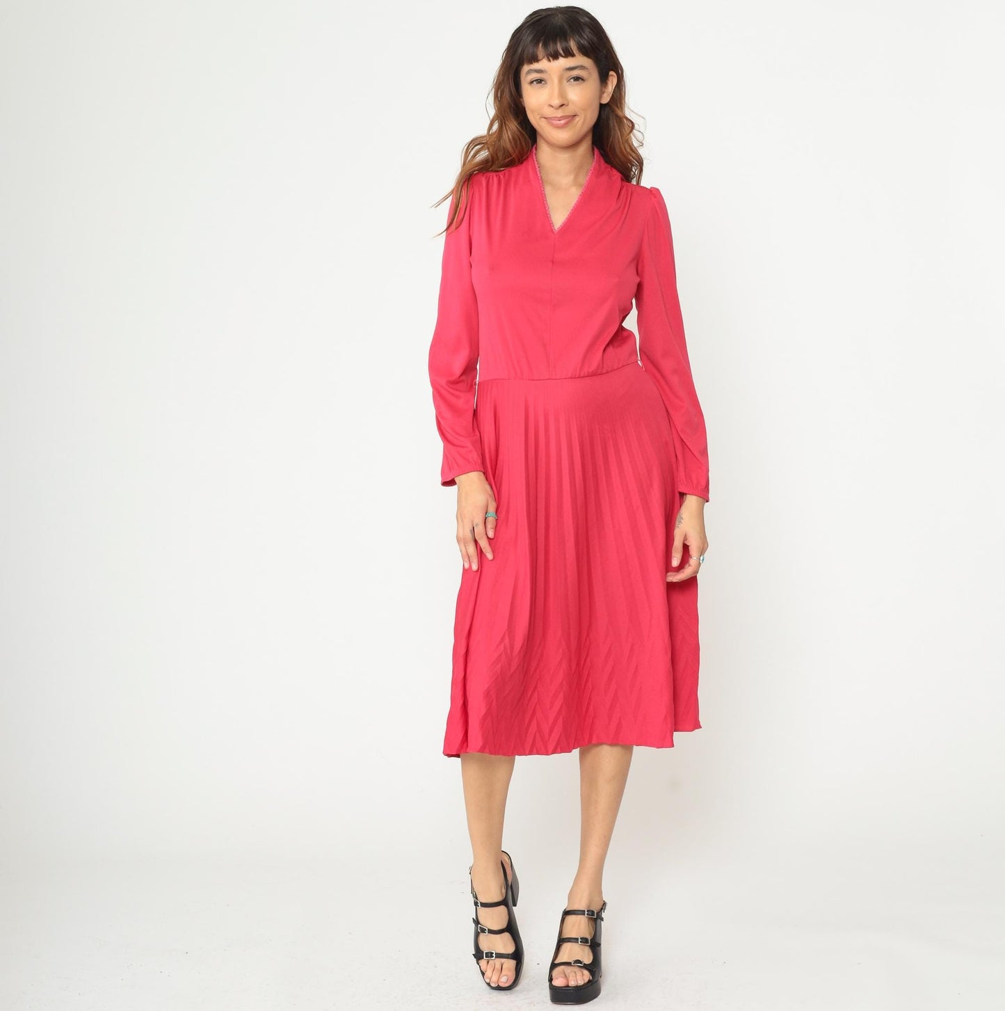 80s Tomato Red Midi Dress V-Neck Pleated Skirt Long Sleeve Medium