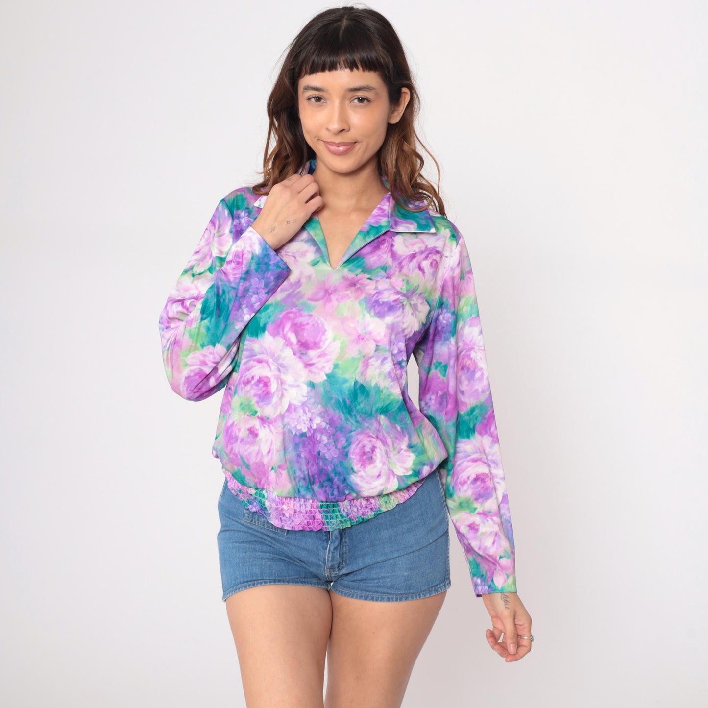 80s Anthony Richards Floral Blouse Purple Lavender Rose Print V-Neck Extra Large