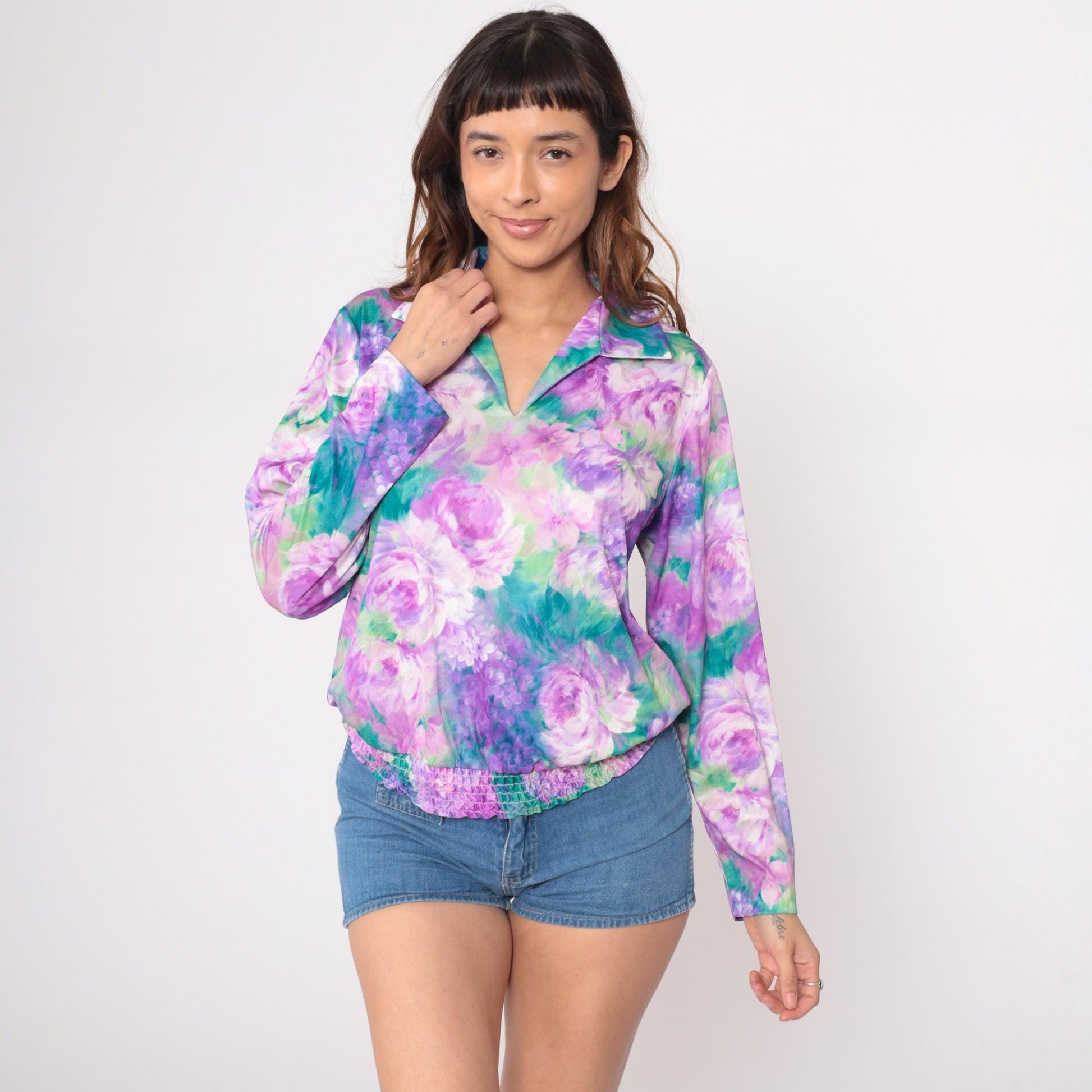 80s Anthony Richards Floral Blouse Purple Lavender Rose Print V-Neck Extra Large