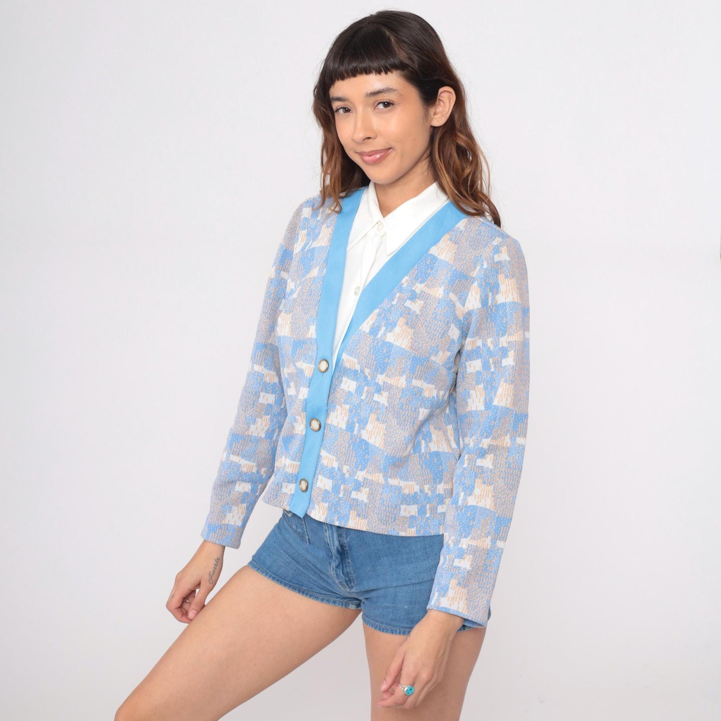 70s Geometric Pixelated Blazer Blue Cream Tan Notched Collar Cropped Medium