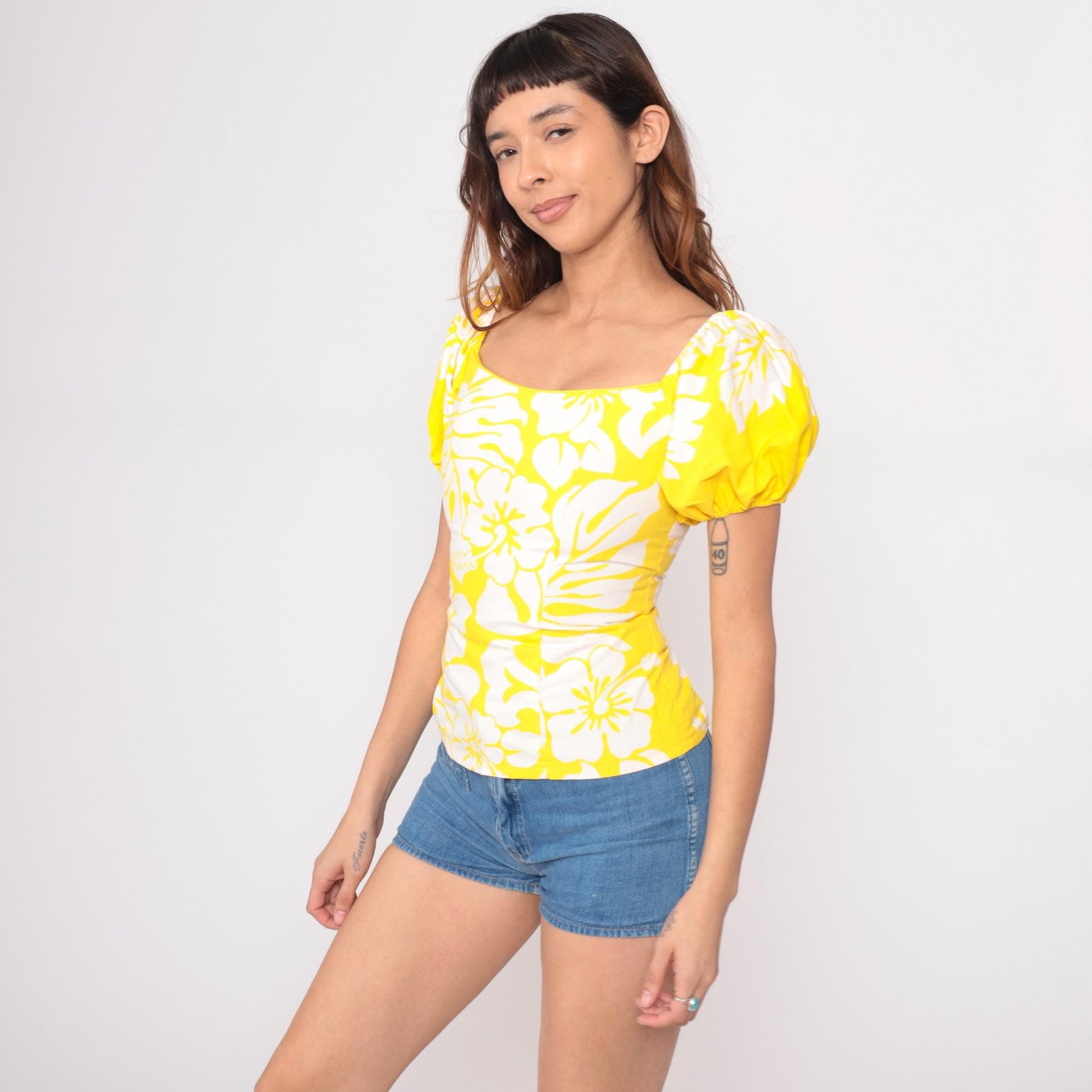 90s CC Fashions Yellow Floral Puff Sleeve Top Square Neckline Small S