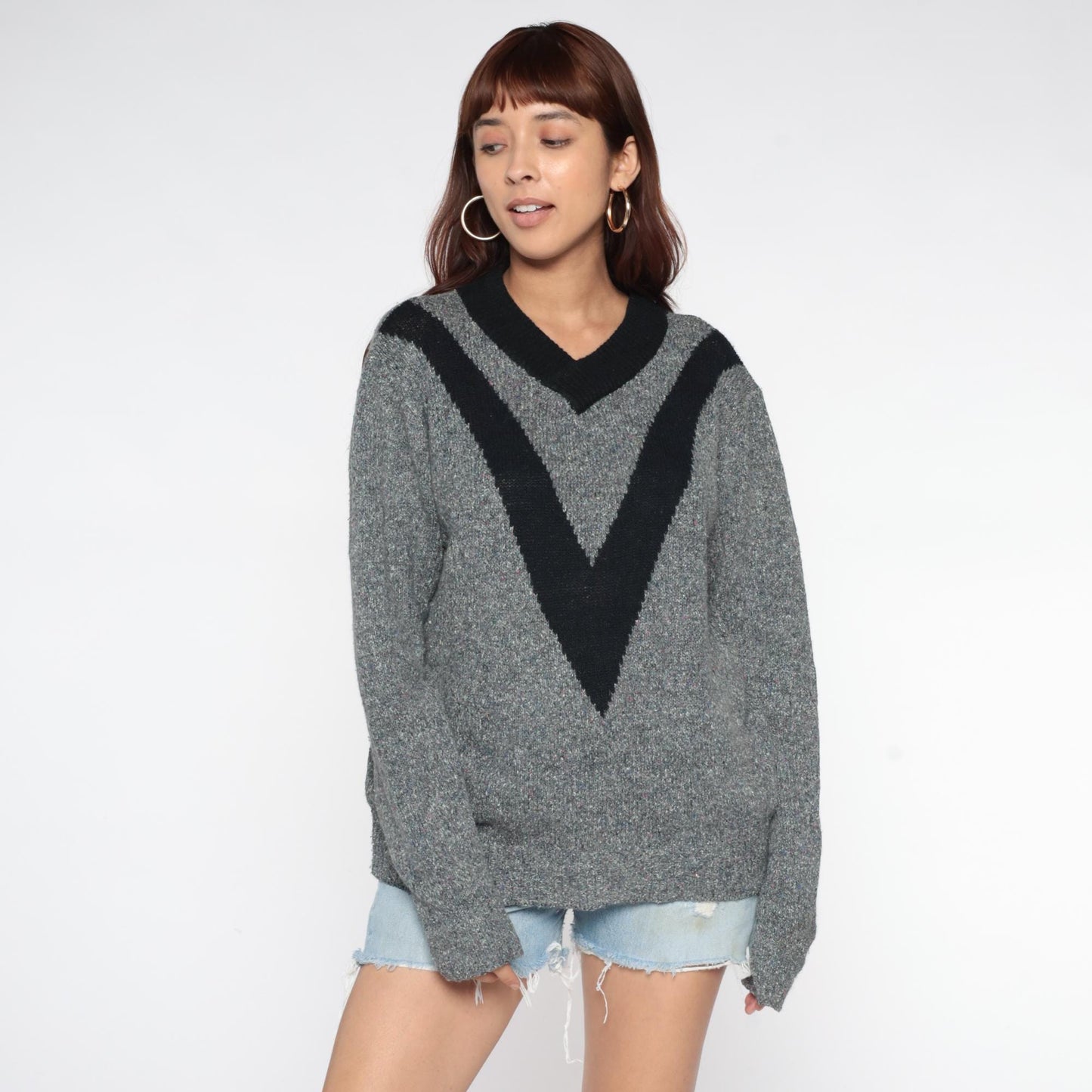 90s Forecast Chevron V-Neck Sweater Grey Black Trim Extra Large XL
