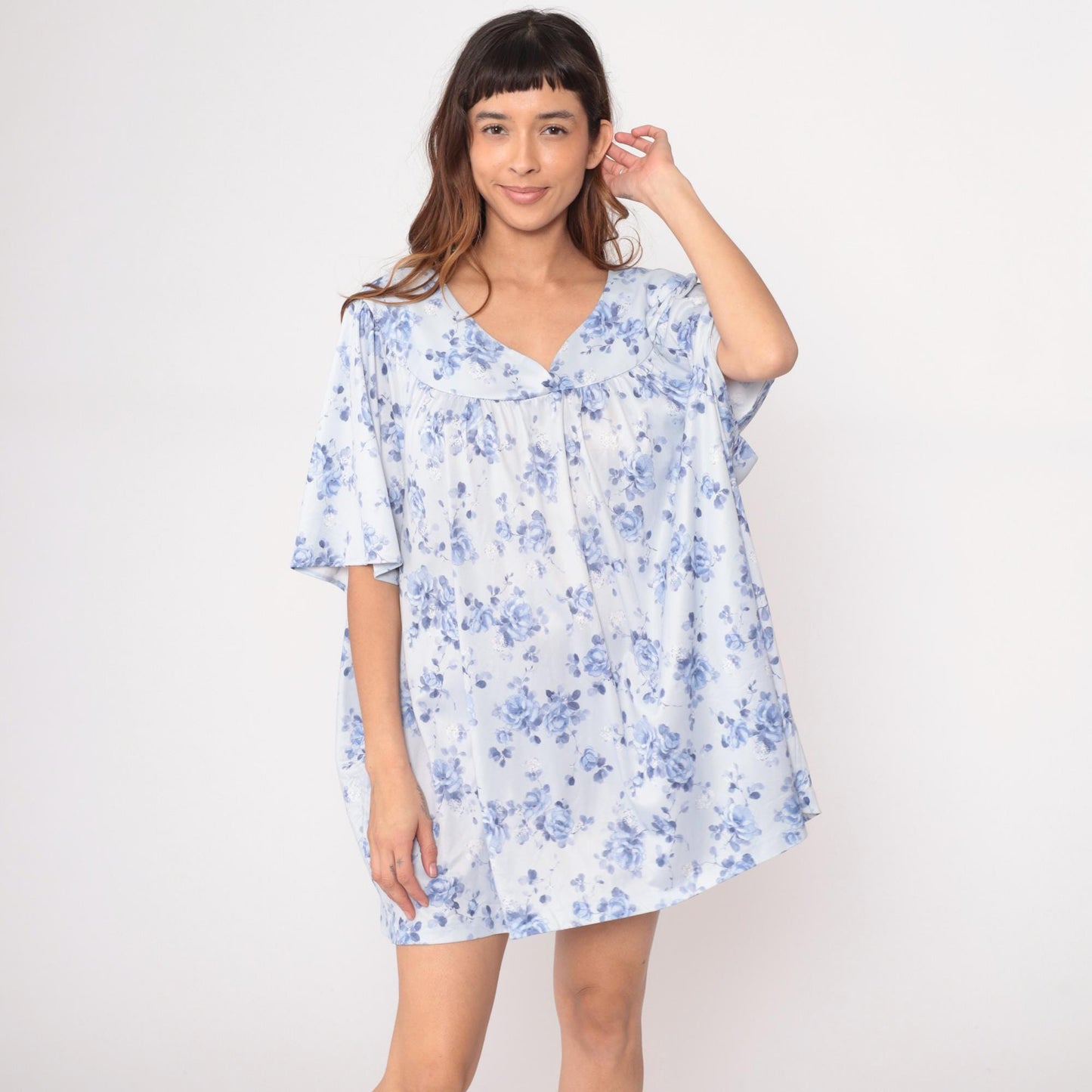 90s Blue Floral Nightgown White Peter Pan Collar Short Sleeve Plus Size XXL