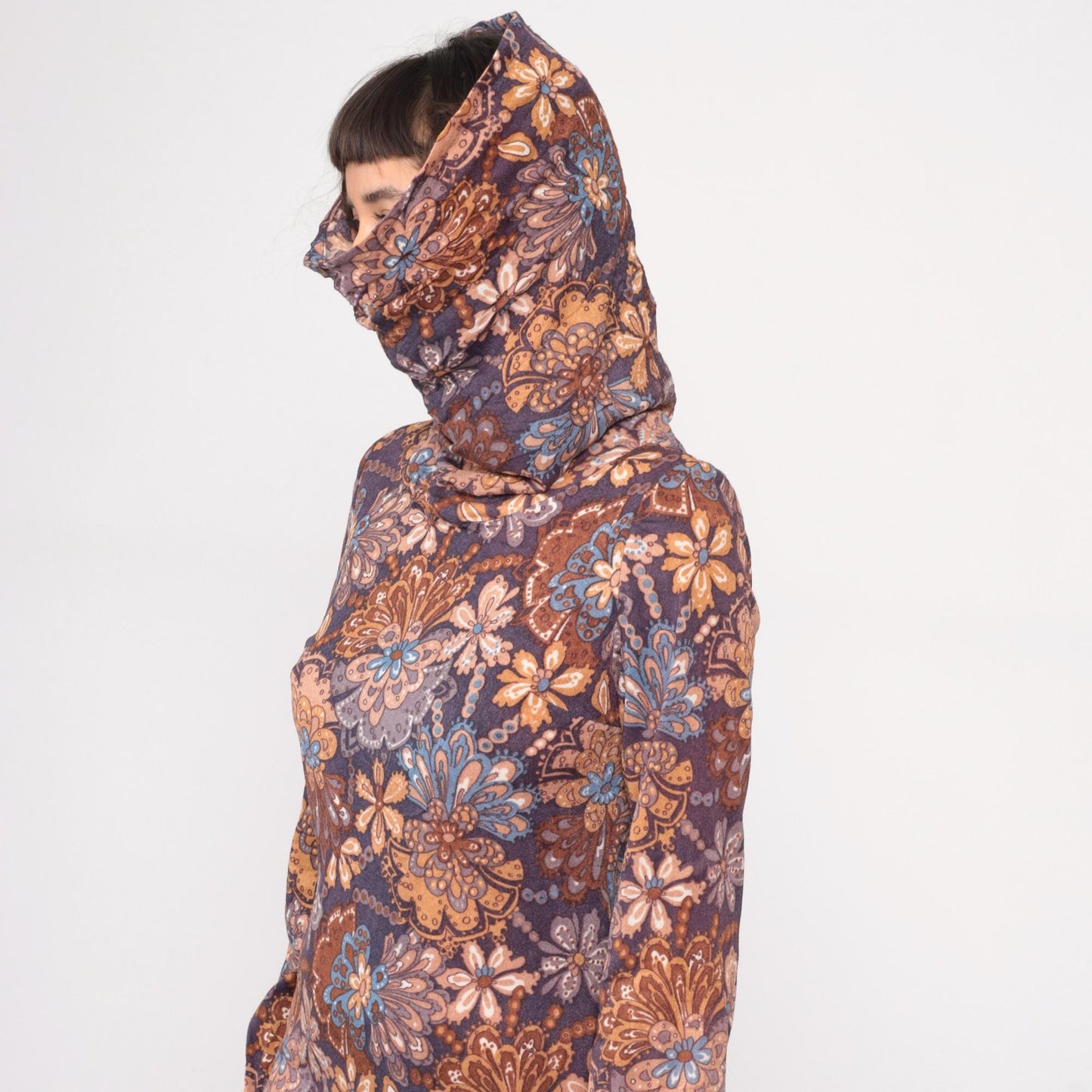 70s Brown Navy Paisley Floral Turtleneck Dress Knee-Length Small