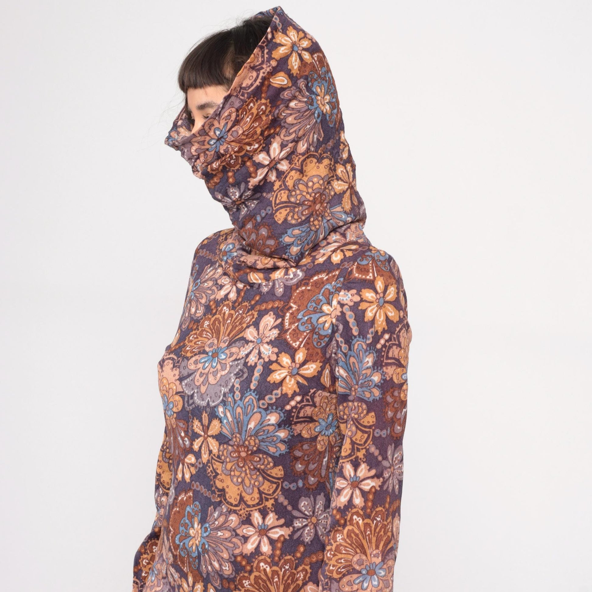 70s Brown Navy Paisley Floral Turtleneck Dress Knee-Length Small