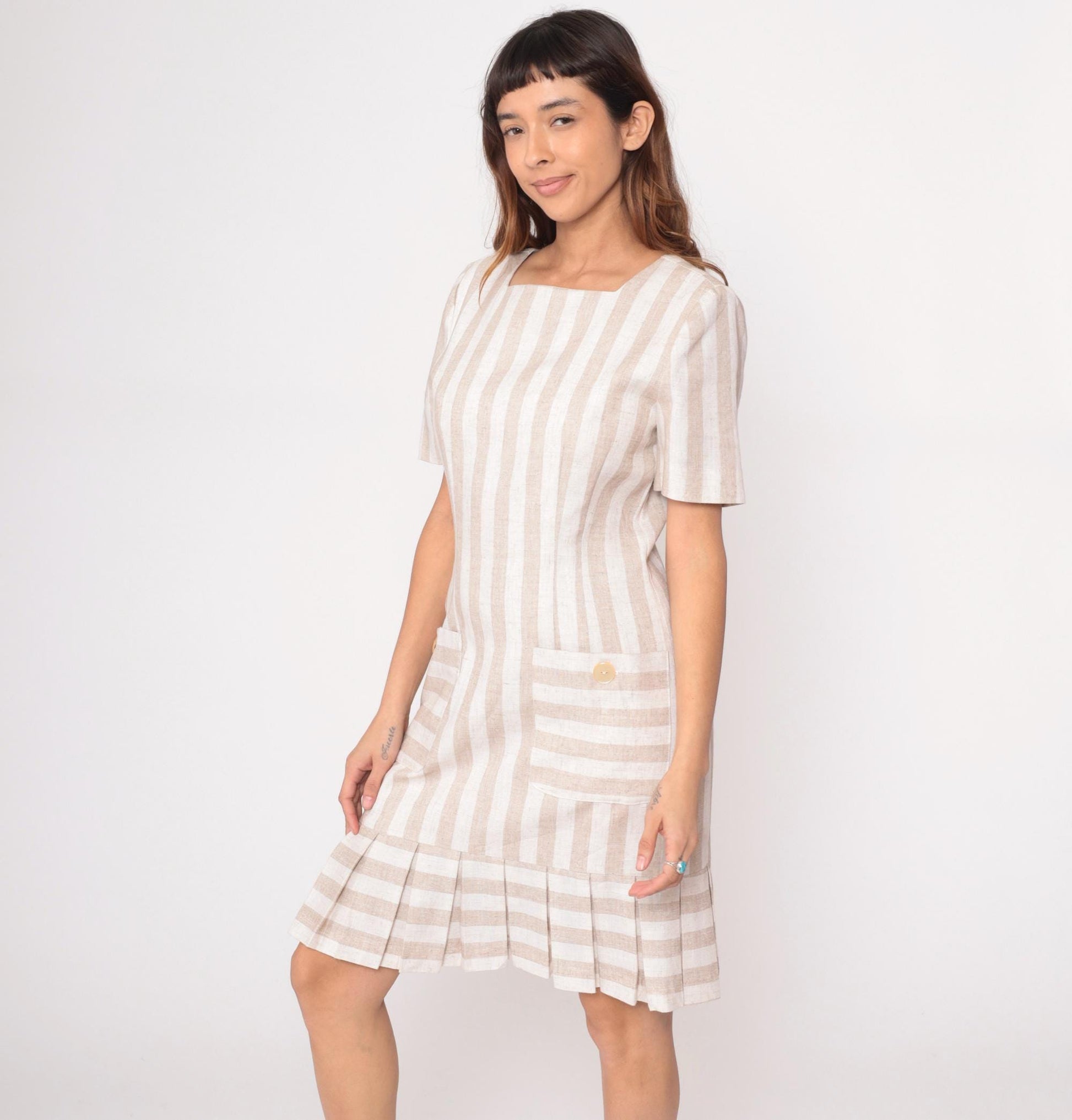 80s Jessica Howard Striped Dress Square Neckline Pleated Knee-Length Beige Medium