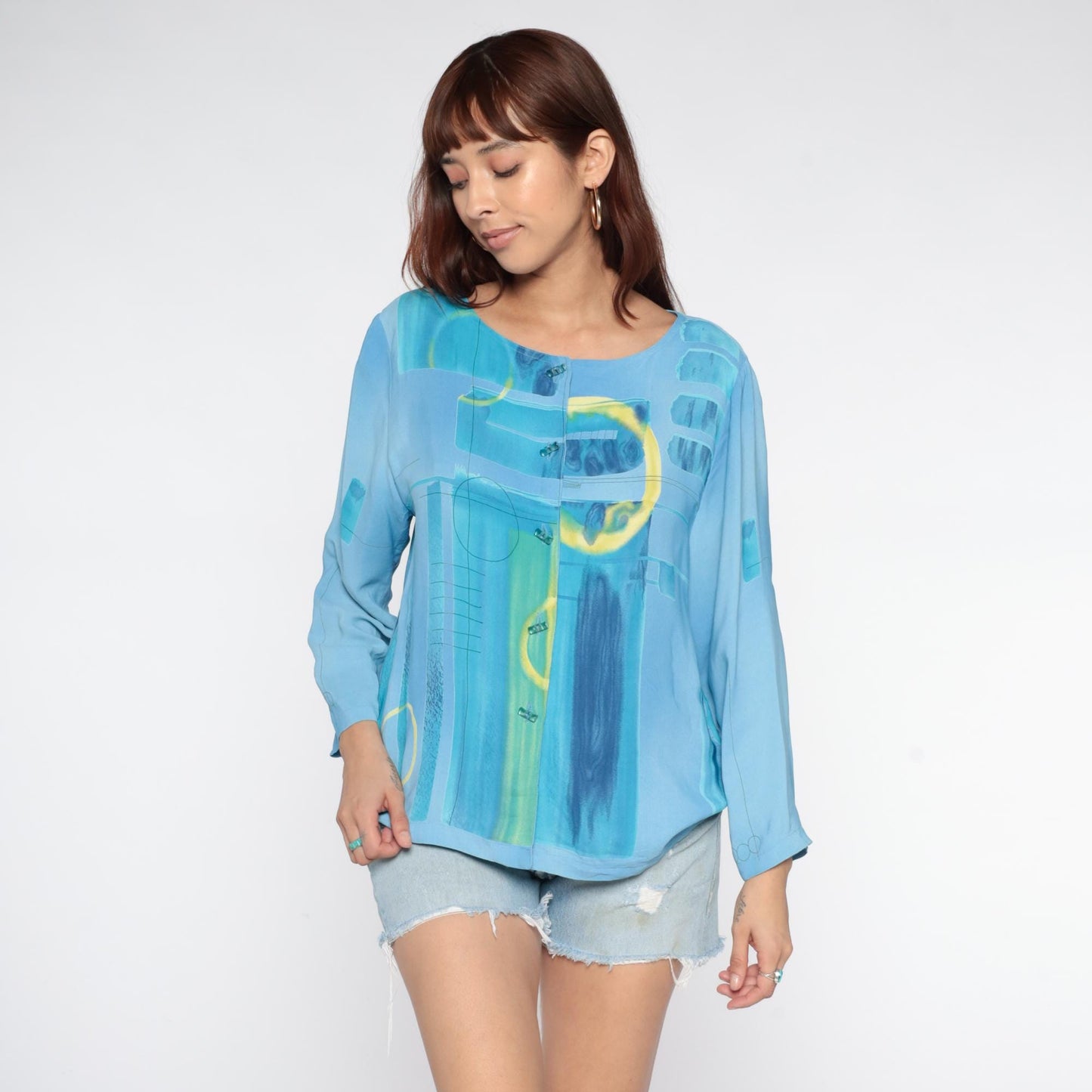90s Nino Wong Geometric Watercolor Button Blouse Blue Rayon Medium M