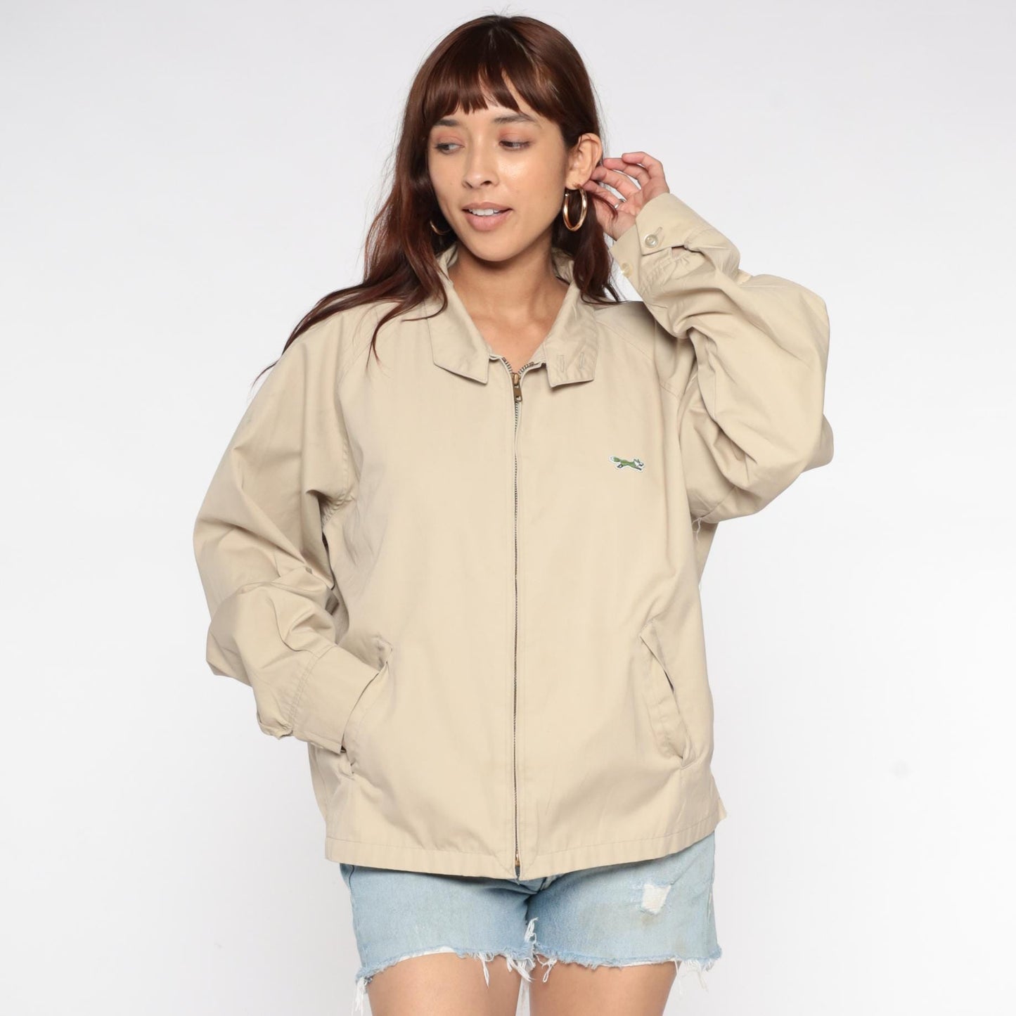 80s The Fox Beige Zip-Up Jacket Pointed Collar Embroidered Logo Medium