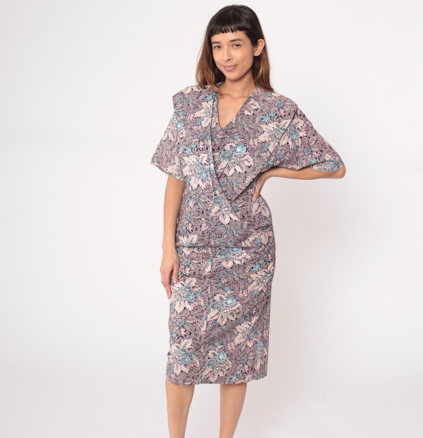 90s Pea Patch Floral Knee-Length Dress V-Neck Cotton Grey Medium