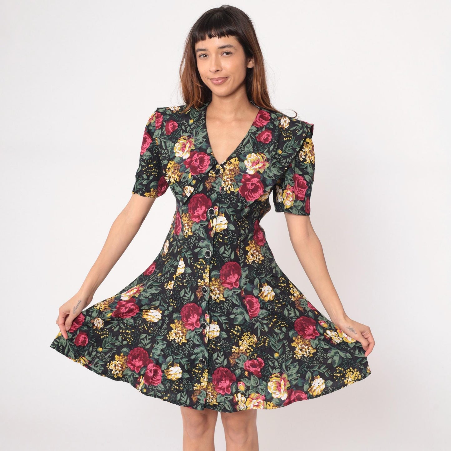 90s All That Jazz Floral Mini Dress Black Button Front V Neck Puff Sleeve Large