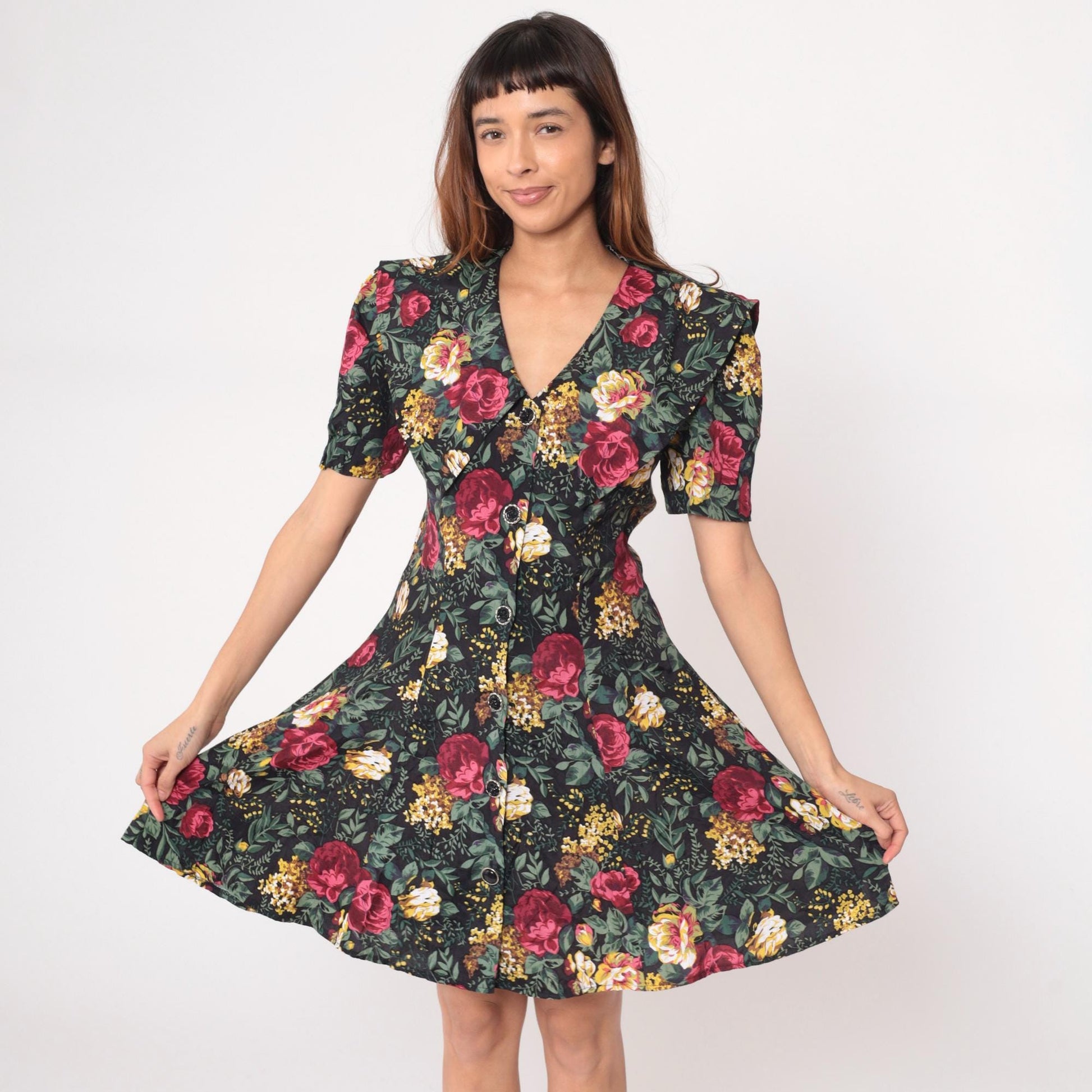 90s All That Jazz Floral Mini Dress Black Button Front V Neck Puff Sleeve Large