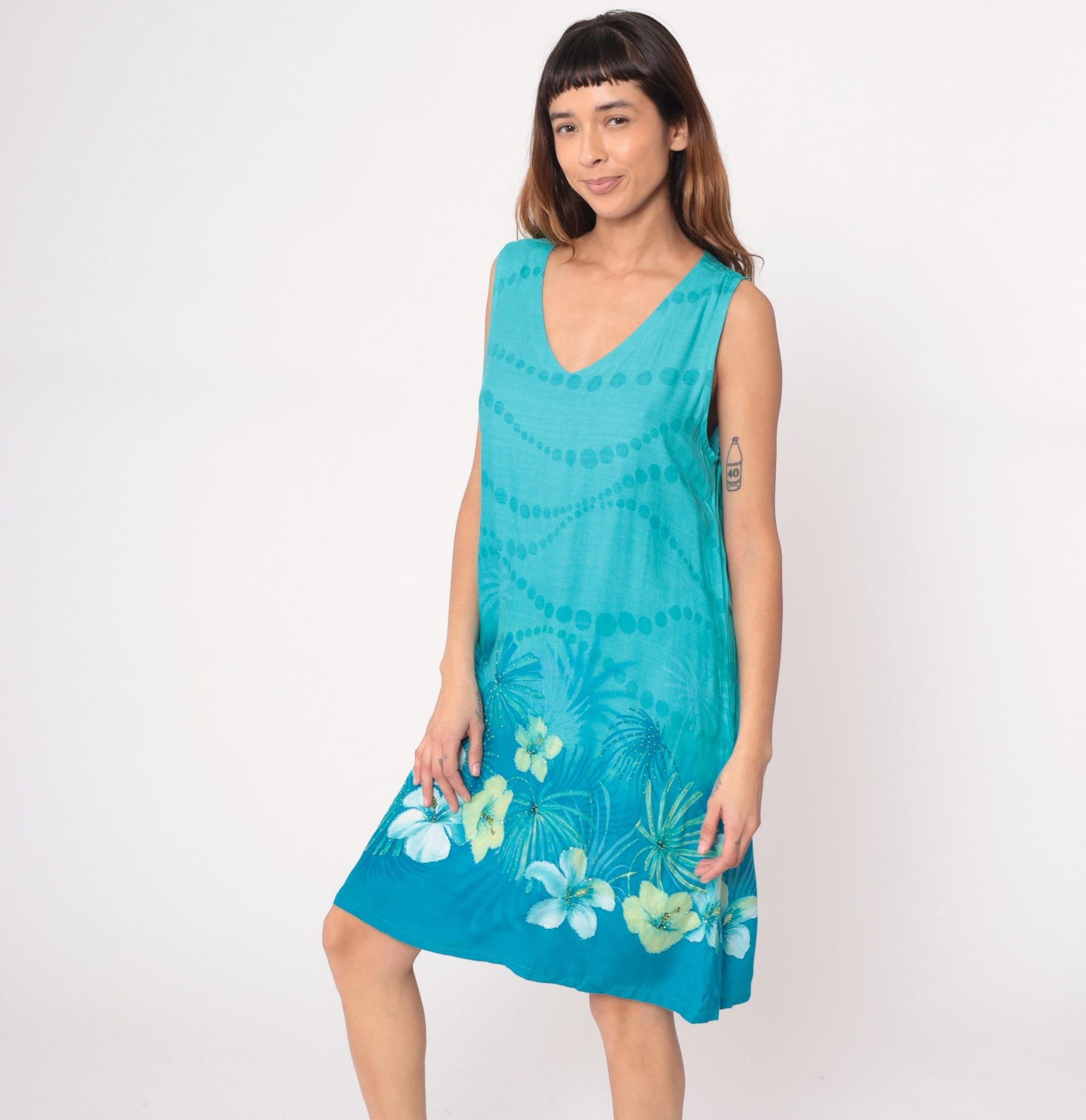 Y2K Hi Lites Hawaiian Dress Tropical Print Turquoise Knee Length Large L