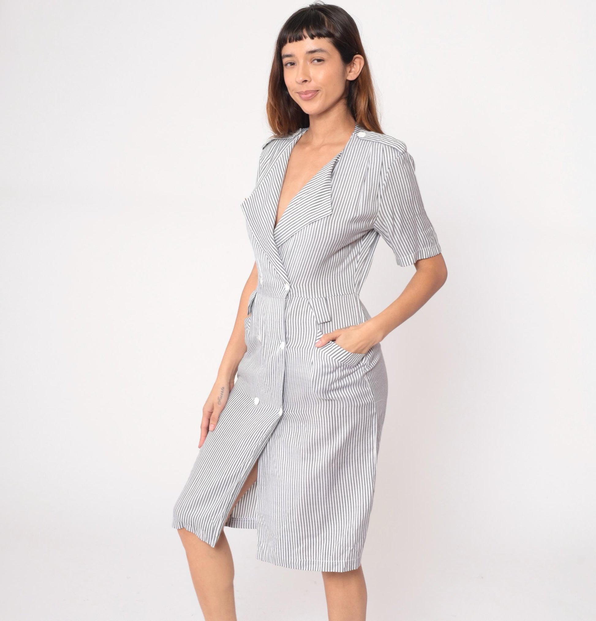 90s Pinstriped Blazer Dress Grey White Double Breasted Midi Medium M