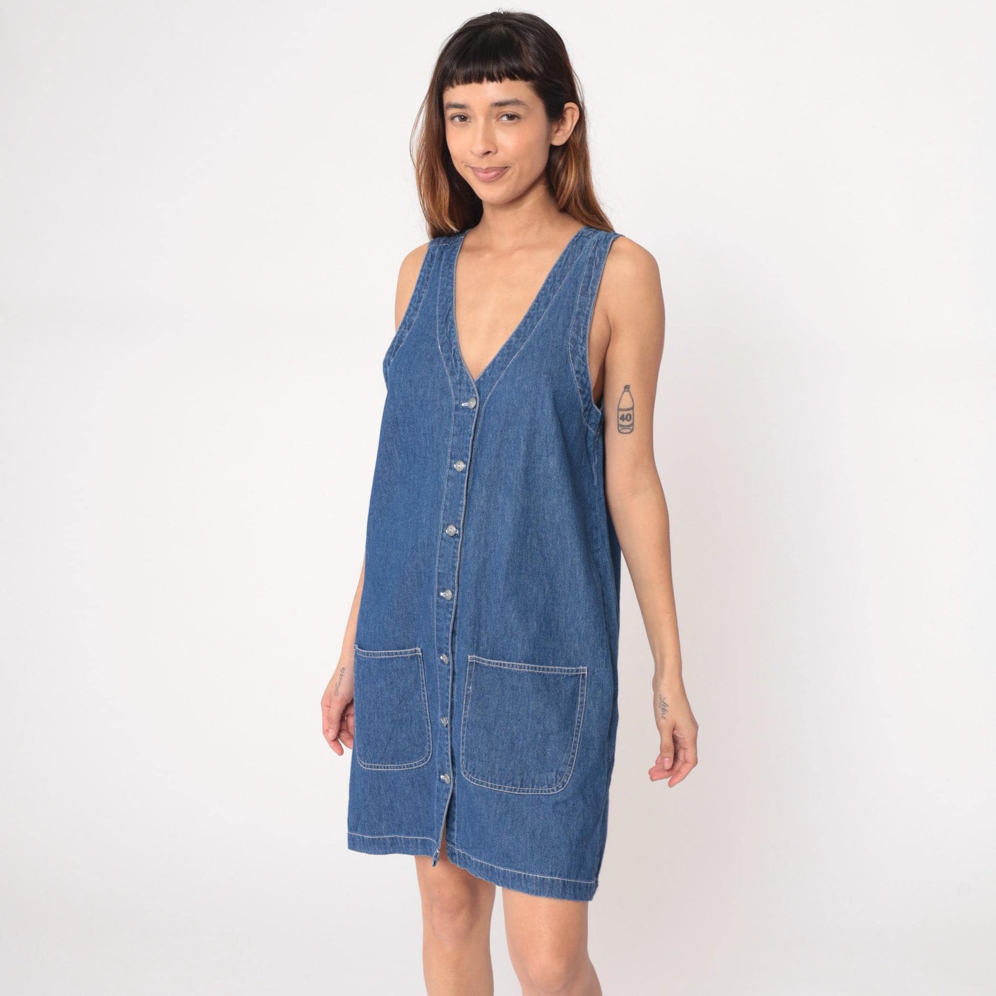 90s Northwest Blue Denim Dress Button Front Sleeveless Knee-Length Medium M