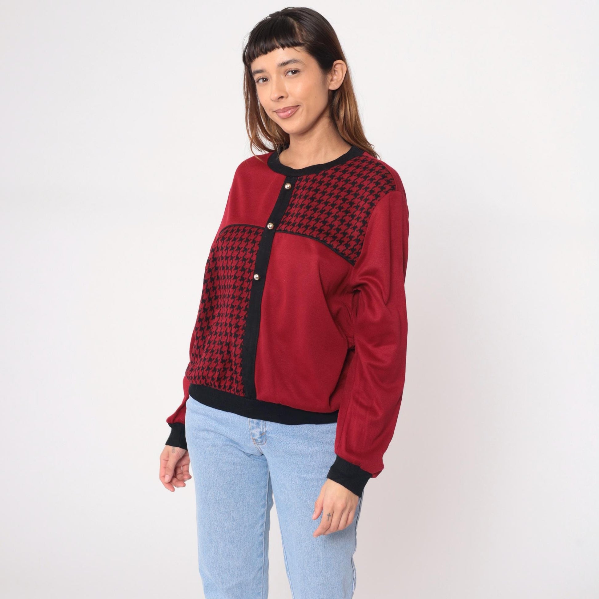 90s Cricket Lane Burgundy Houndstooth Cardigan Black Trim Medium M