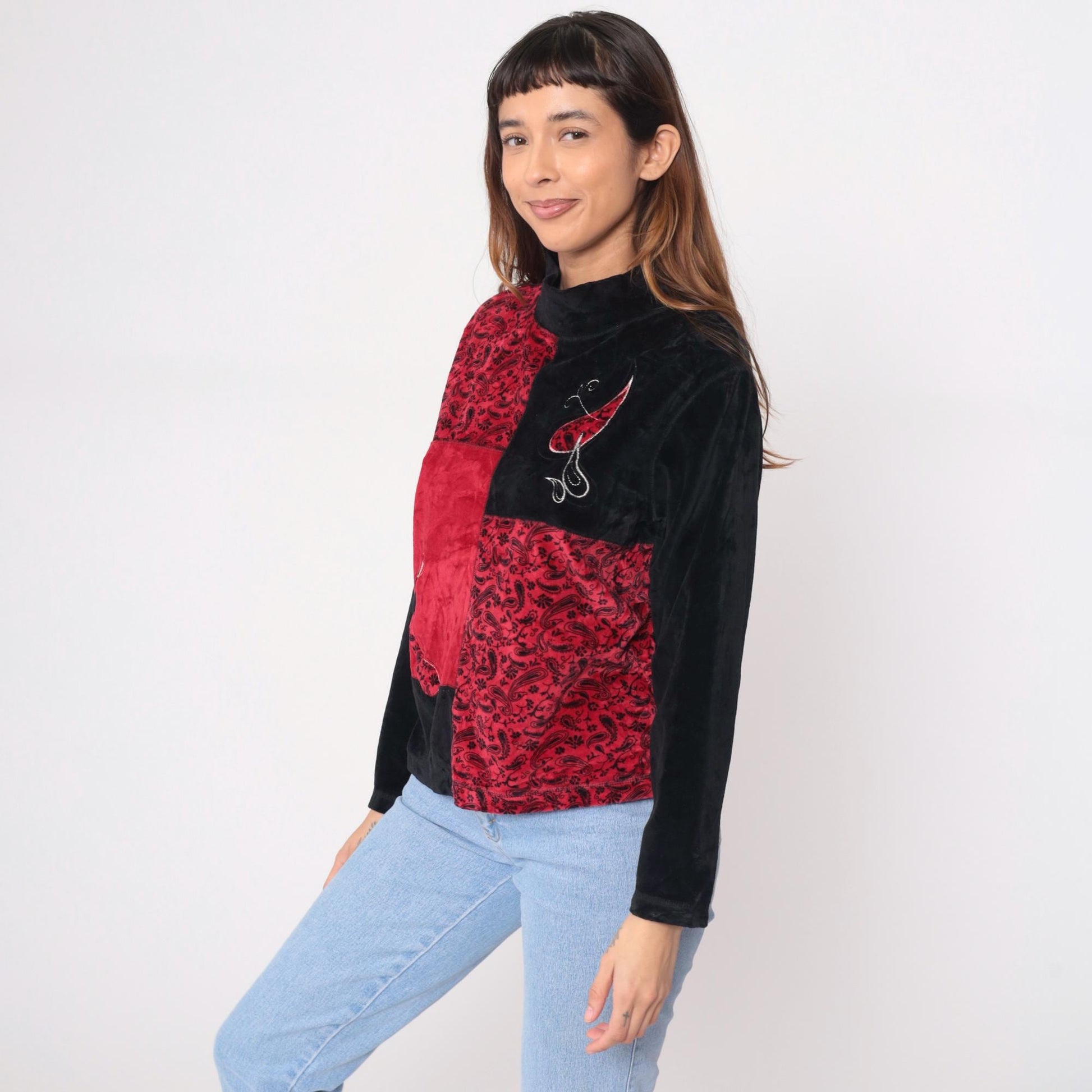 90s Erika Petite Black Velour Mock Neck Patchwork Top Red Paisley Petite Large