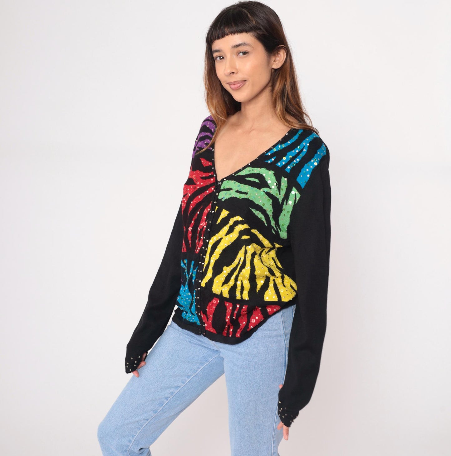 Y2K Jack B Quick Sequin Cardigan Zebra Stripe Multicolor Black Large L