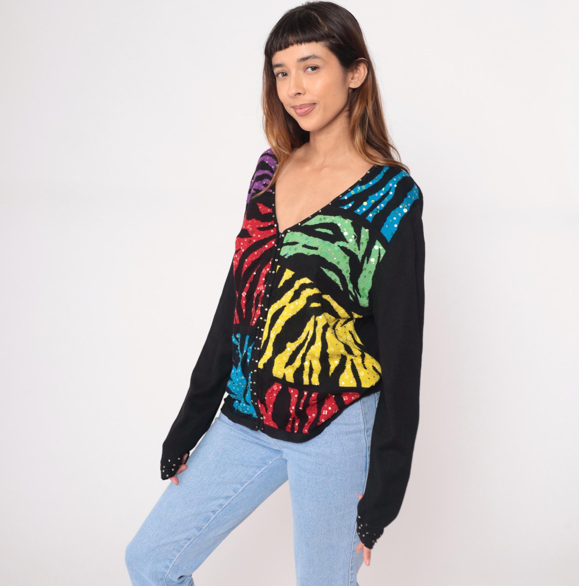 Y2K Jack B Quick Sequin Cardigan Zebra Stripe Multicolor Black Large L