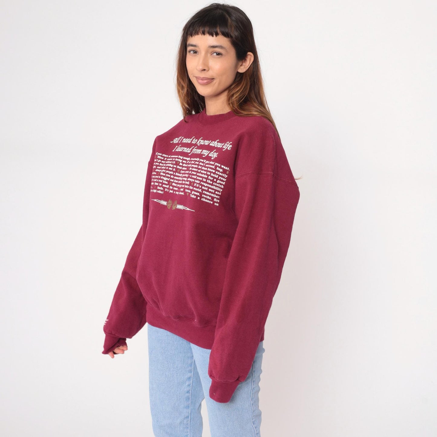 90s Fruit of the Loom Dog Life Lessons Sweatshirt Burgundy Large