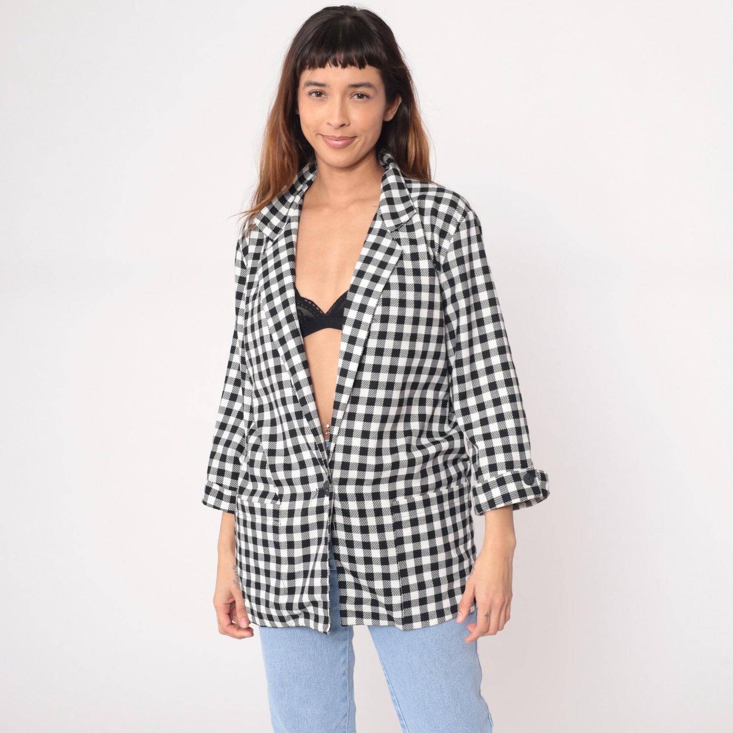 90s Kenneth Mitchell Black White Gingham Blazer Notched Collar Medium