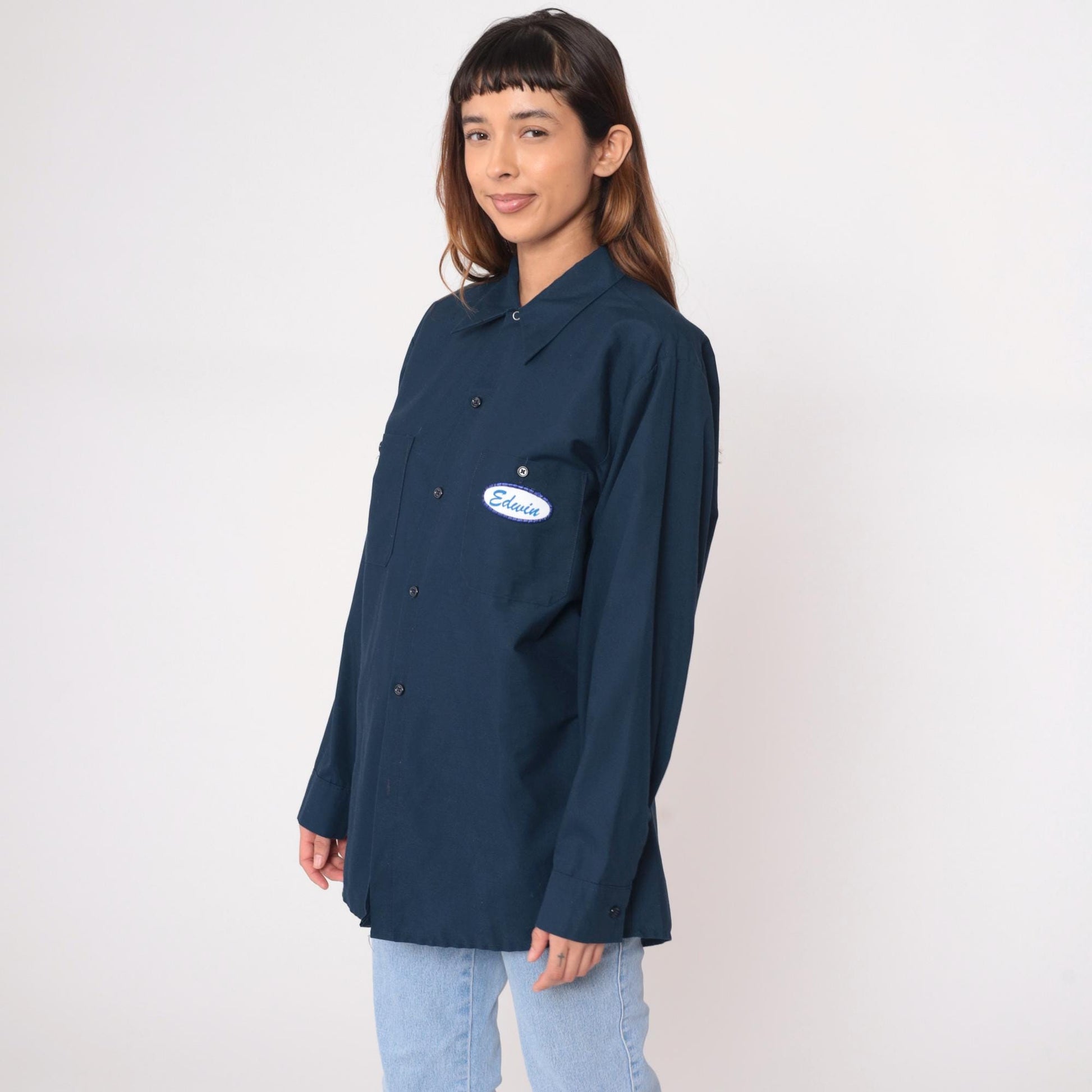 90s Valley Industrial Services Navy Work Shirt Edwin Name Patch Large L