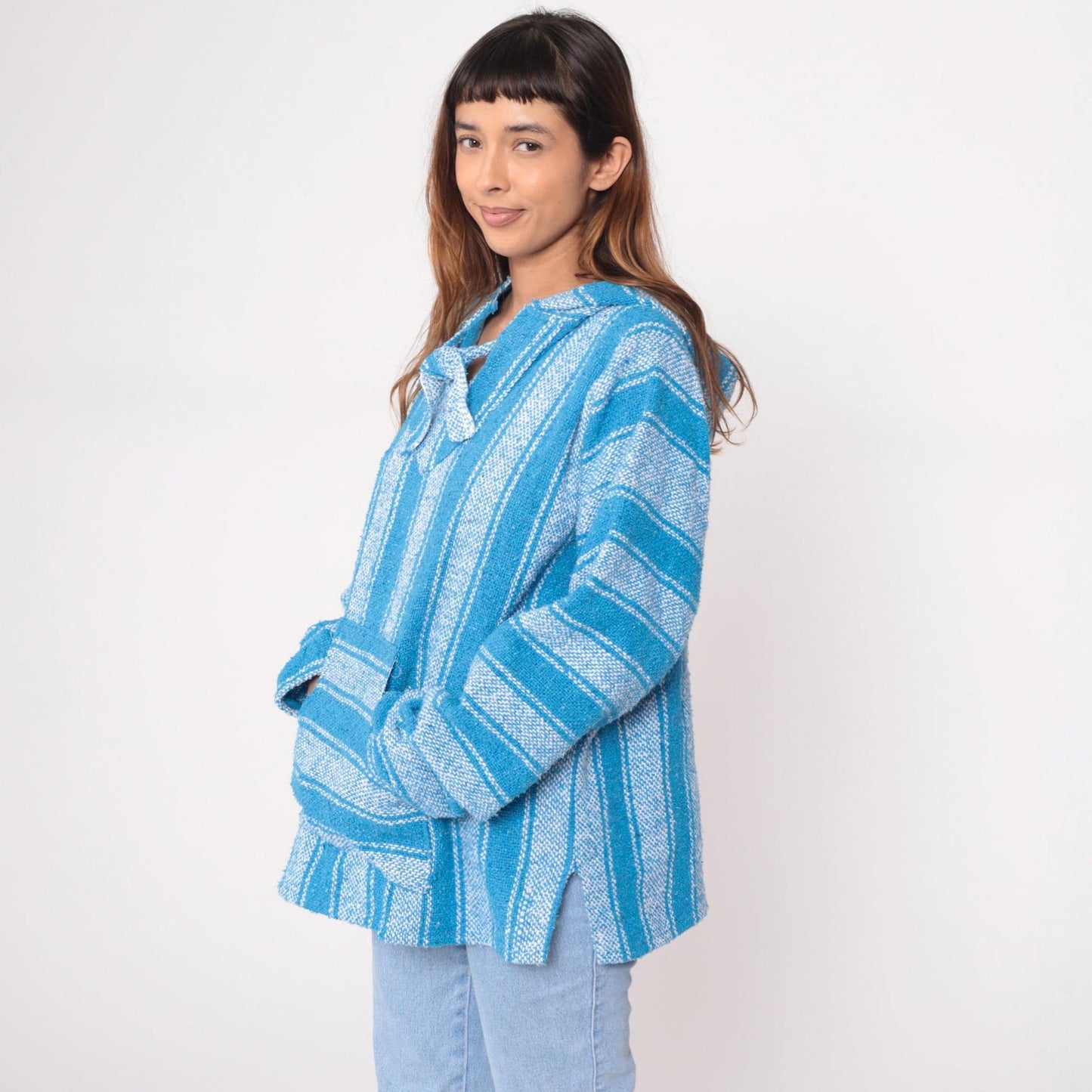90s Blue White Striped Baja Hoodie Pullover Kangaroo Pocket Large