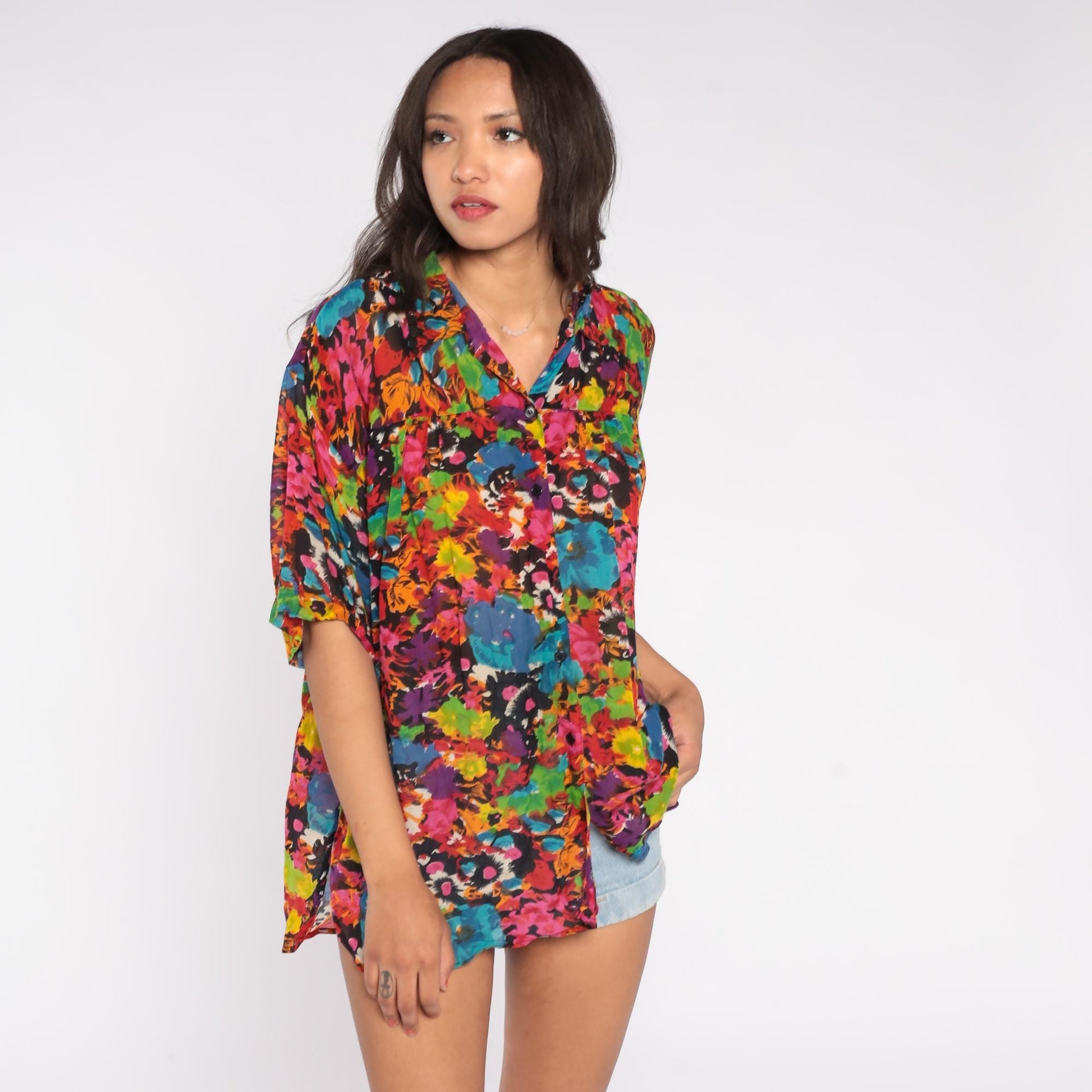 90s Whistles Abstract Floral Shirt Multi-Color Short Sleeve Cotton Blend Medium M