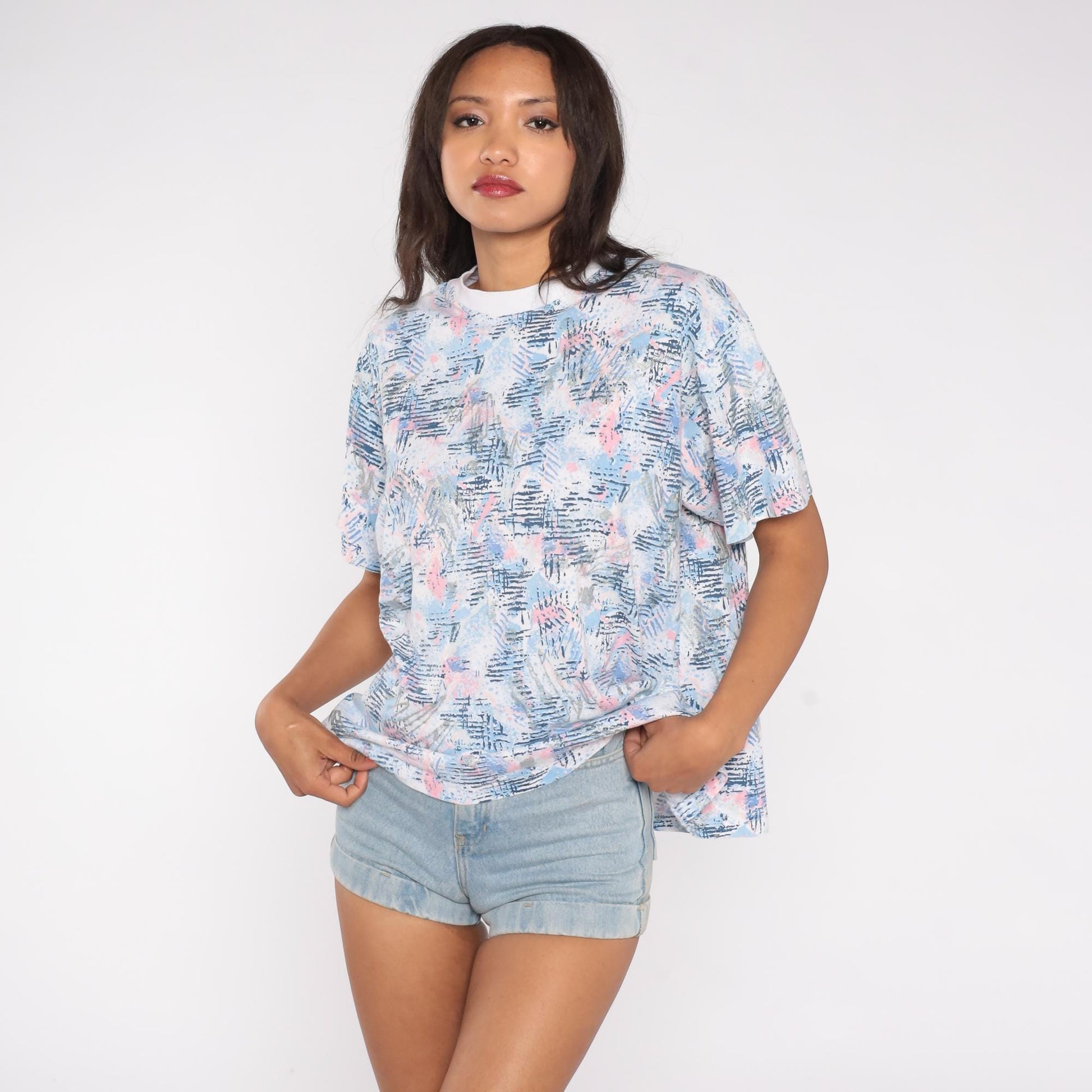 90s Abstract Brushstroke T-Shirt Pastel Blue Pink Grey Small