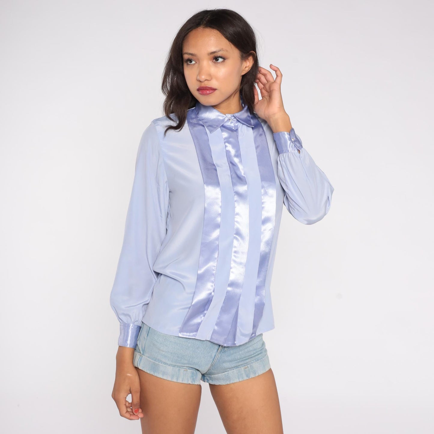 Y2K Jacklyn Smith Periwinkle Blouse Satin Panel Button Front Small