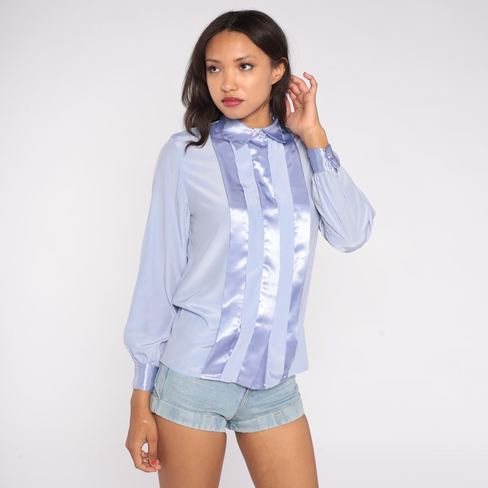 Y2K Jacklyn Smith Periwinkle Blouse Satin Panel Button Front Small