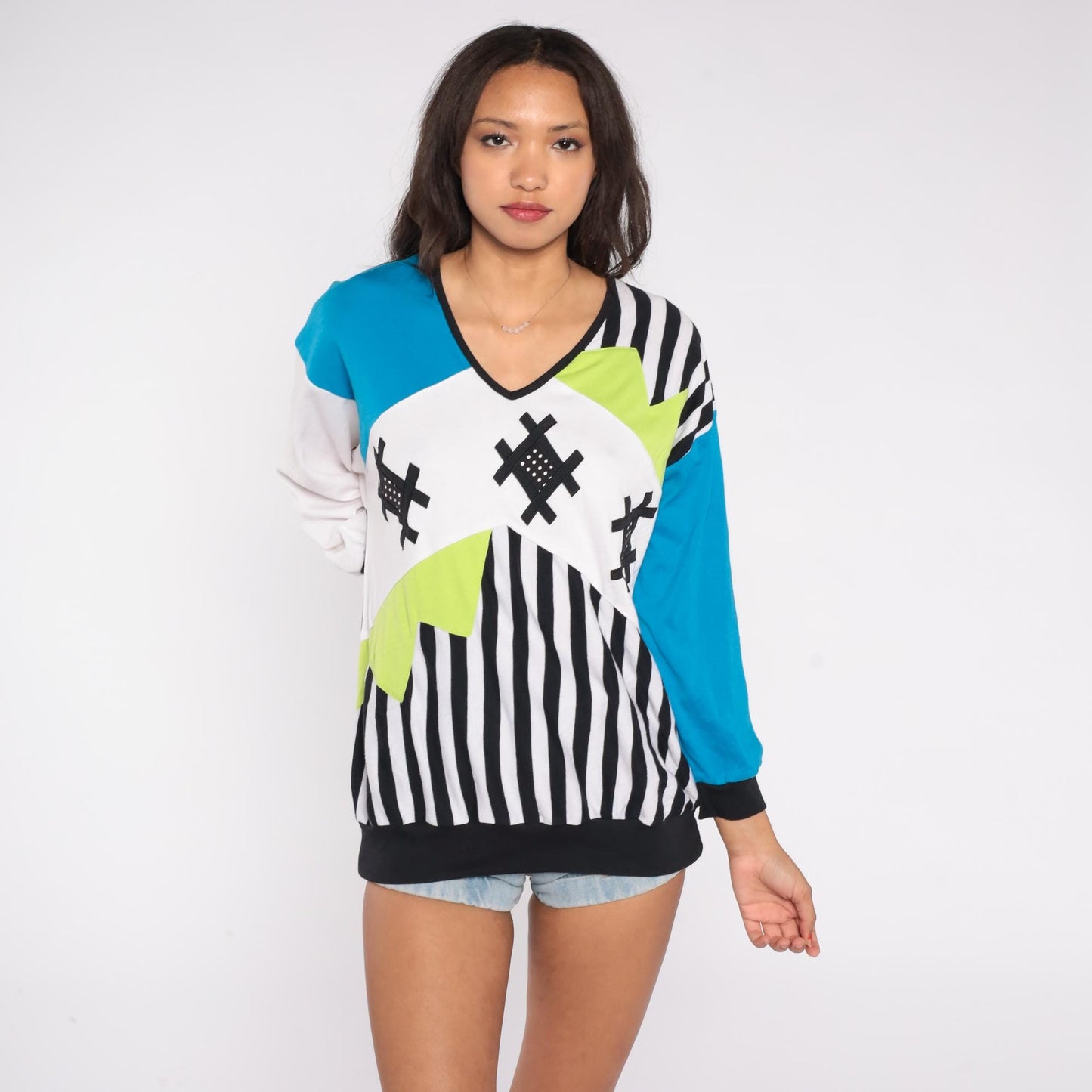 90s Bonnie and Bill Colorblock Sweatshirt Geometric Studs Black Blue Yellow Large