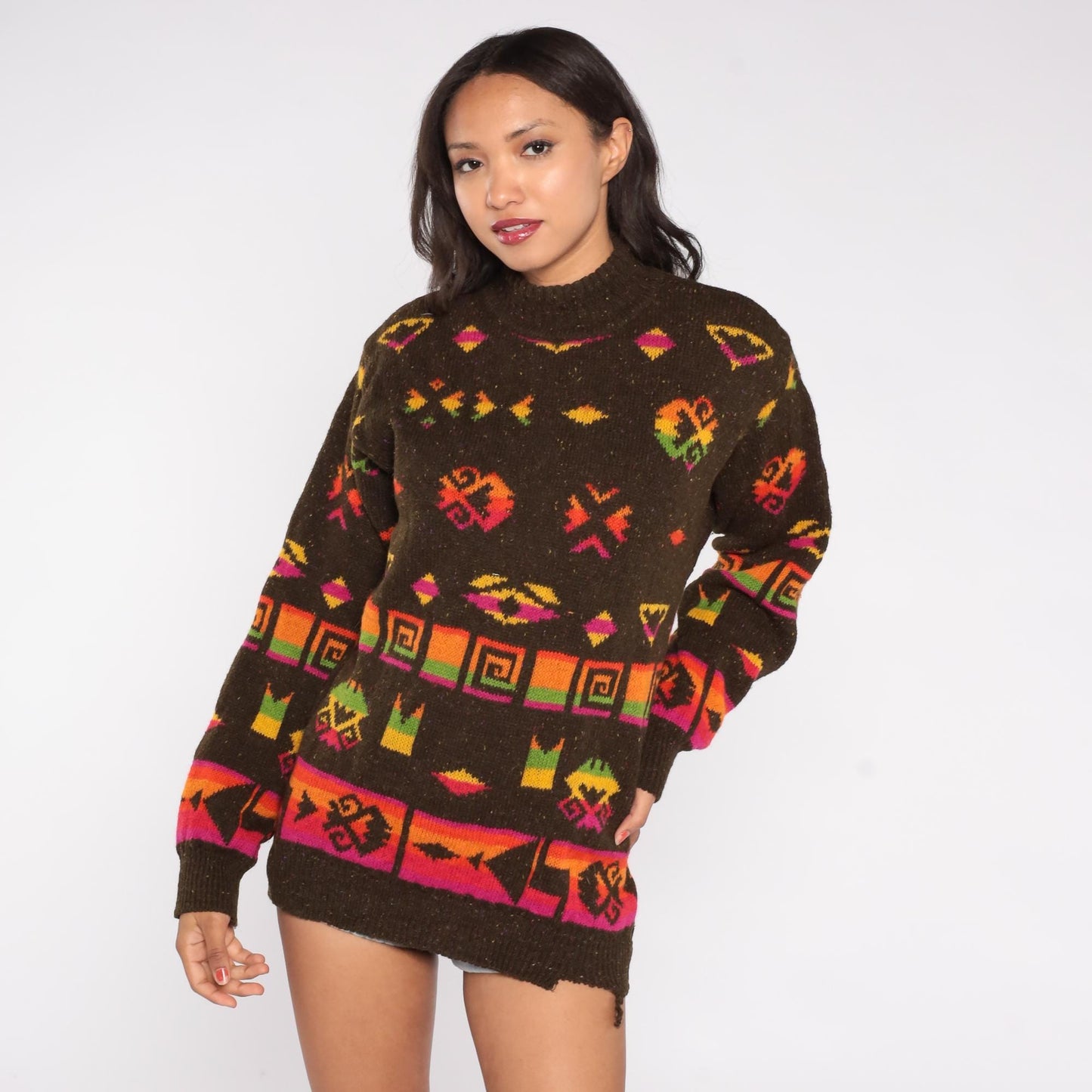 90s United Colors of Benetton Southwestern Sweater Mock Neck Wool Blend Medium M