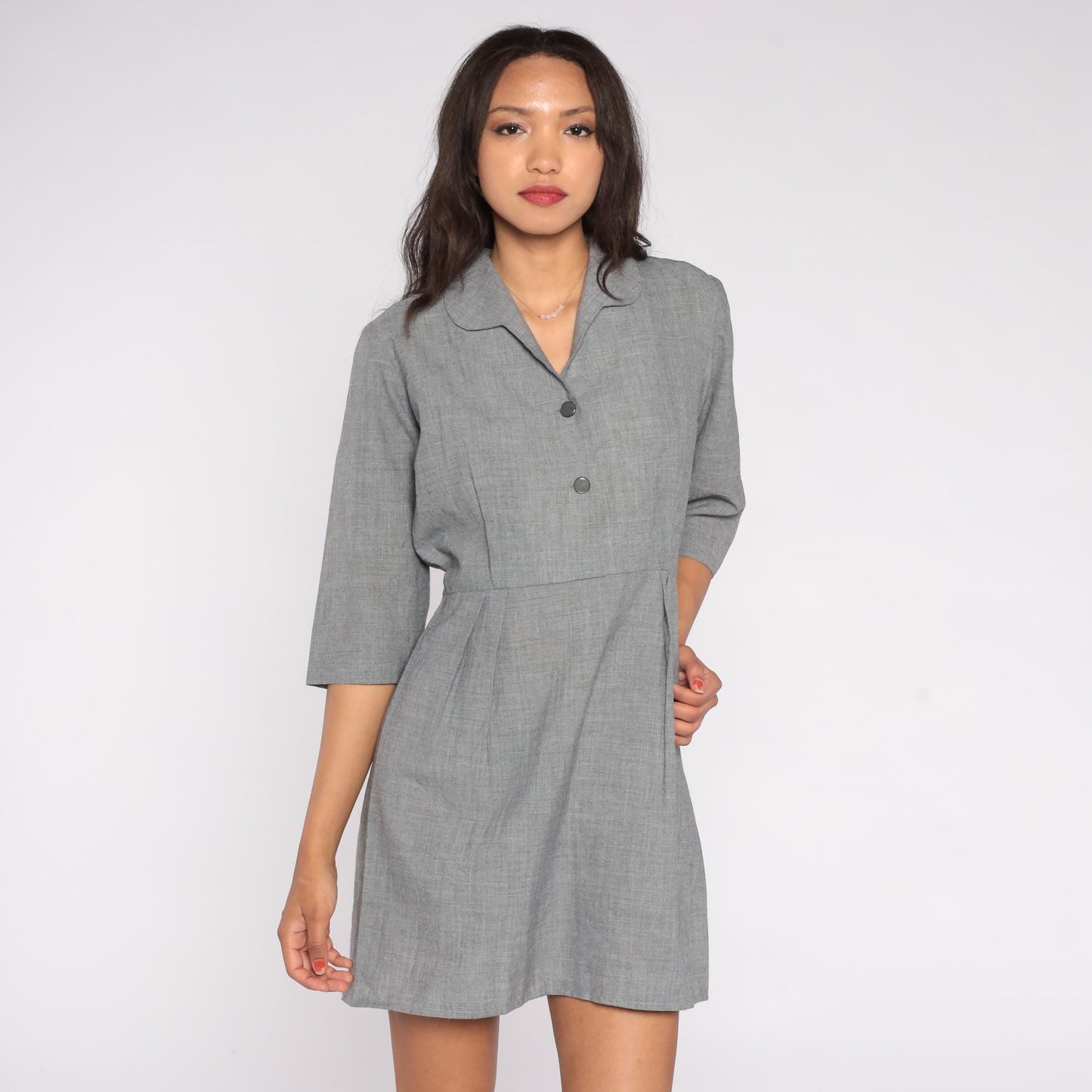 1950s Grey Shirt Dress Button-Front Collar A-Line Knee-Length Large L