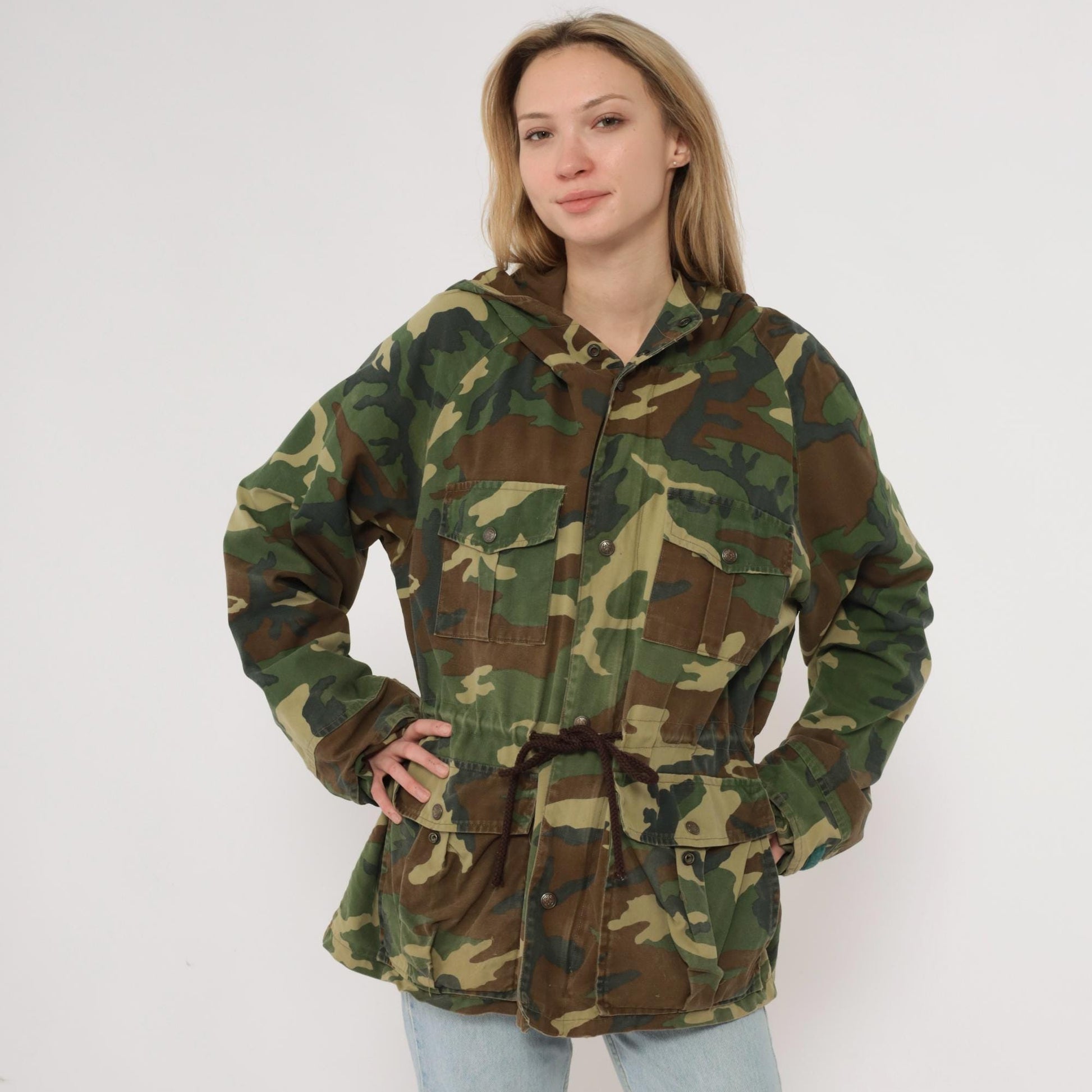 90s Black Sheep Woodland Camo Hooded Jacket Olive Green Cotton Large