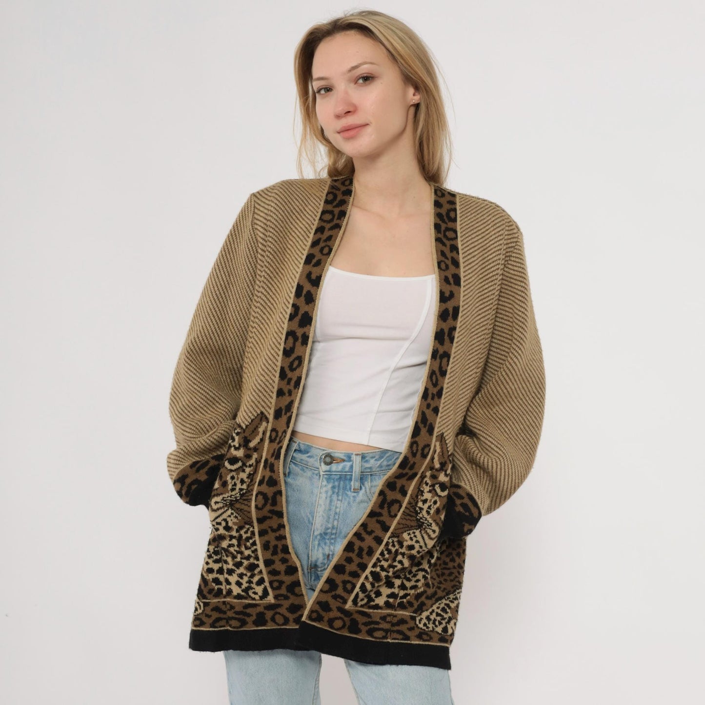 80s Romaye Leopard Cardigan Tan Striped Wool Blend Small S