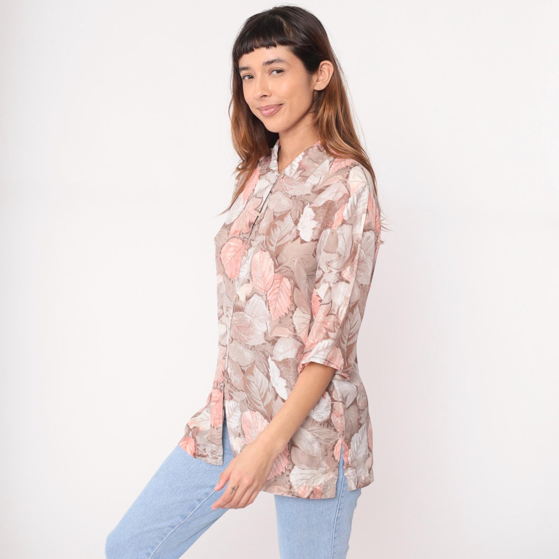 90s Silk Leaf Botanical Blouse Pointed Collar Three-Quarter Sleeve Beige Medium M