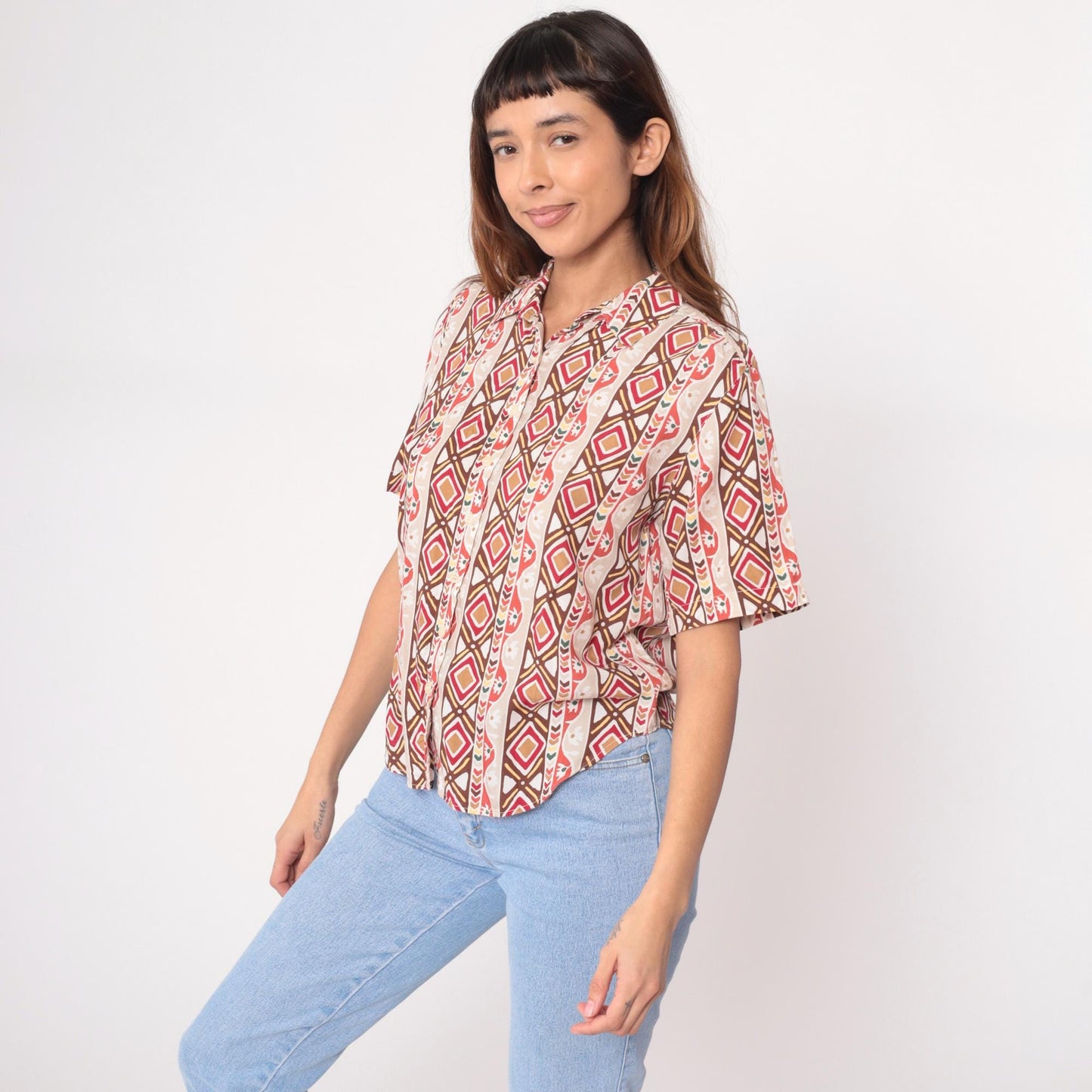 90s Roo Crossings Petites Geometric Print Button Blouse Cream Red Brown Small