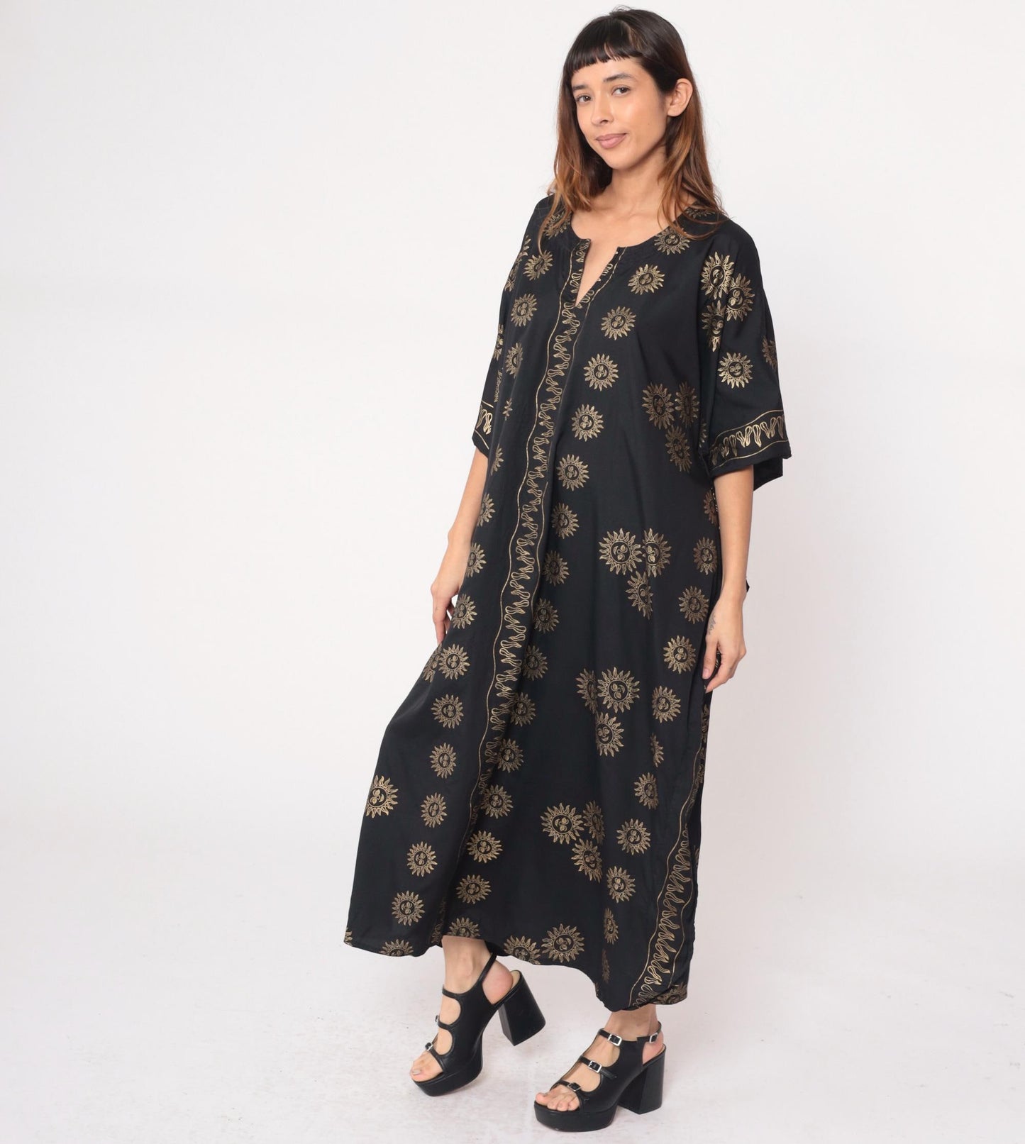 Y2K Black Caftan Sun Yin-Yang Gold Embroidered Kimono Maxi Dress One Size