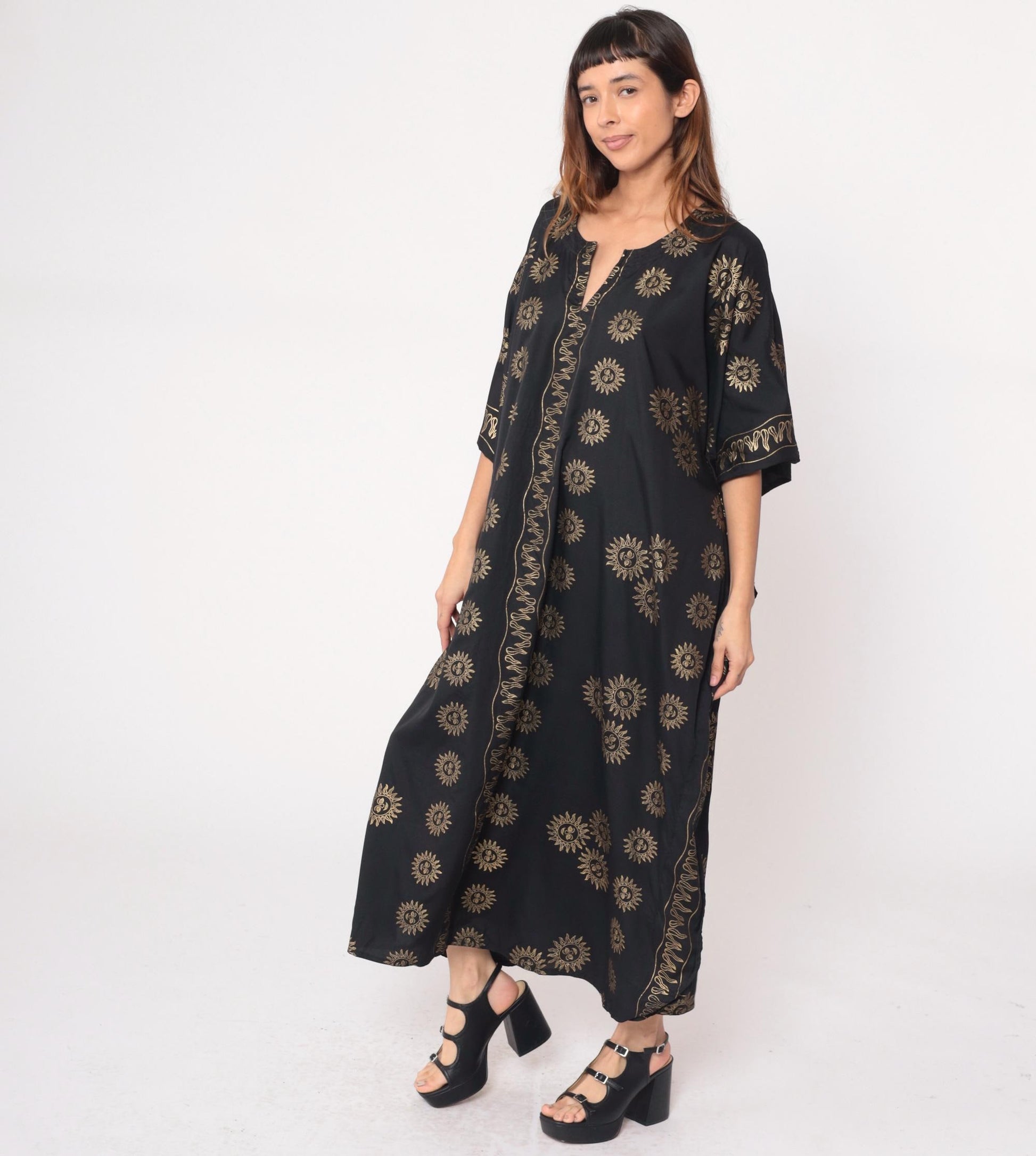 Y2K Black Caftan Sun Yin-Yang Gold Embroidered Kimono Maxi Dress One Size