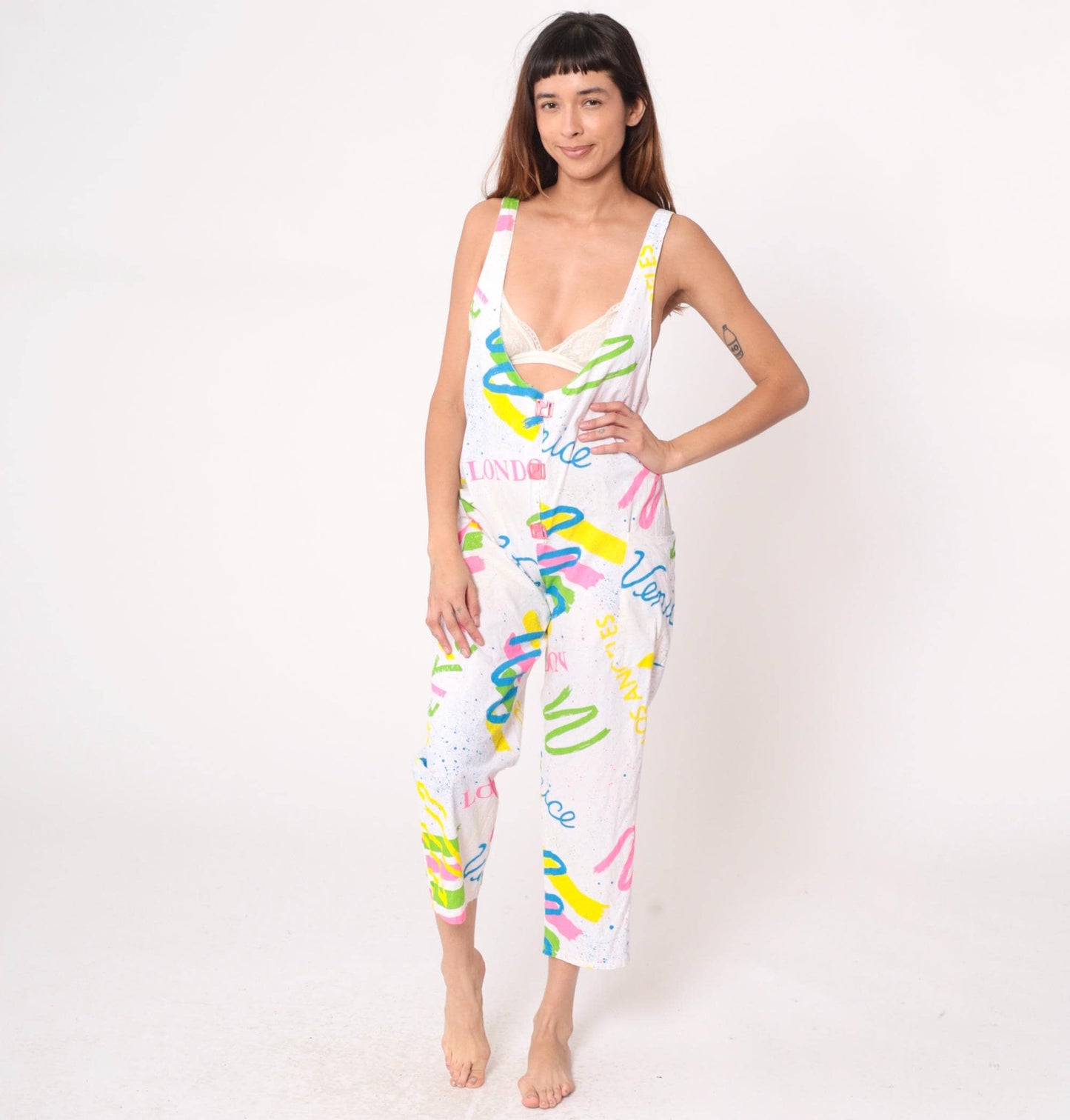 90s White Jumpsuit London Venice Graphic Print Deep V Neck Medium M