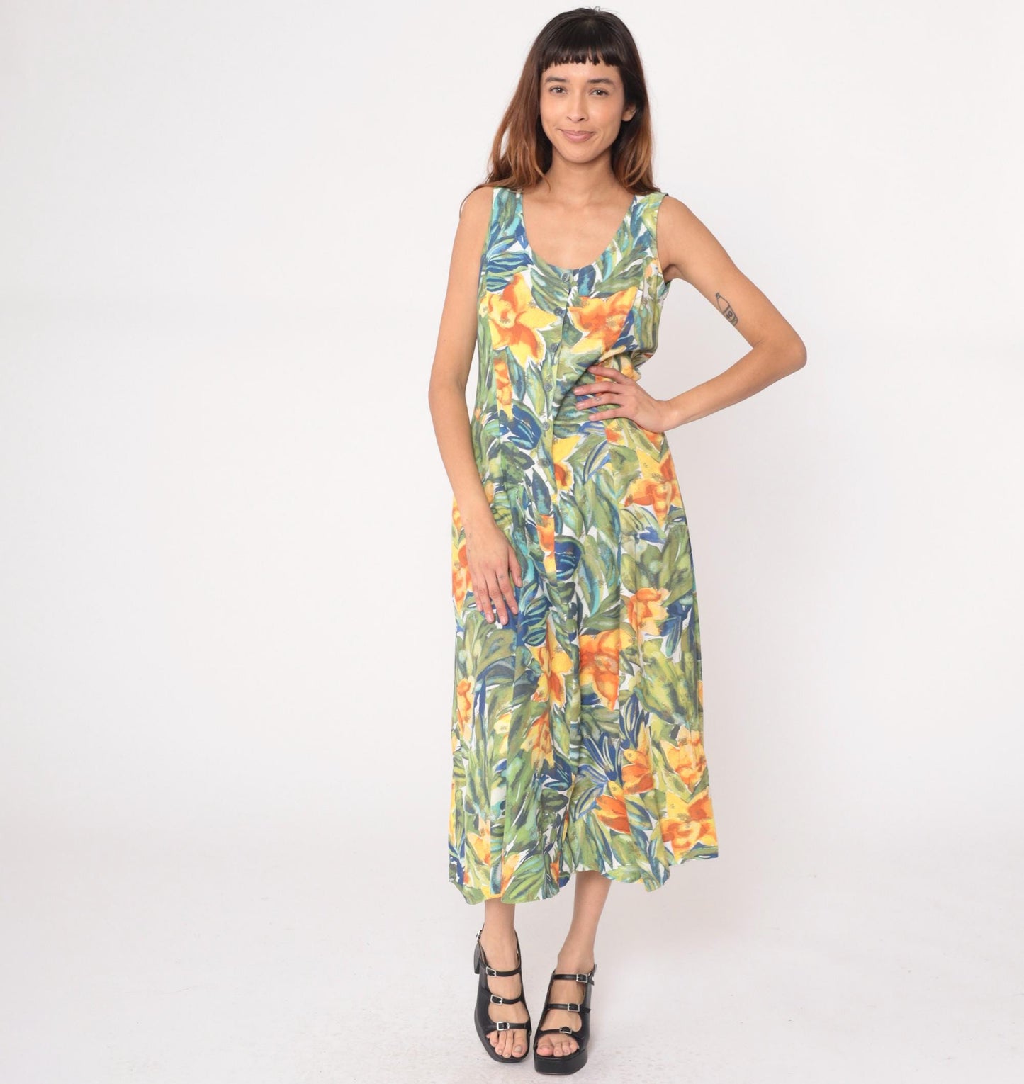 90s The Limited Tropical Floral Maxi Dress Button Front Sleeveless Medium