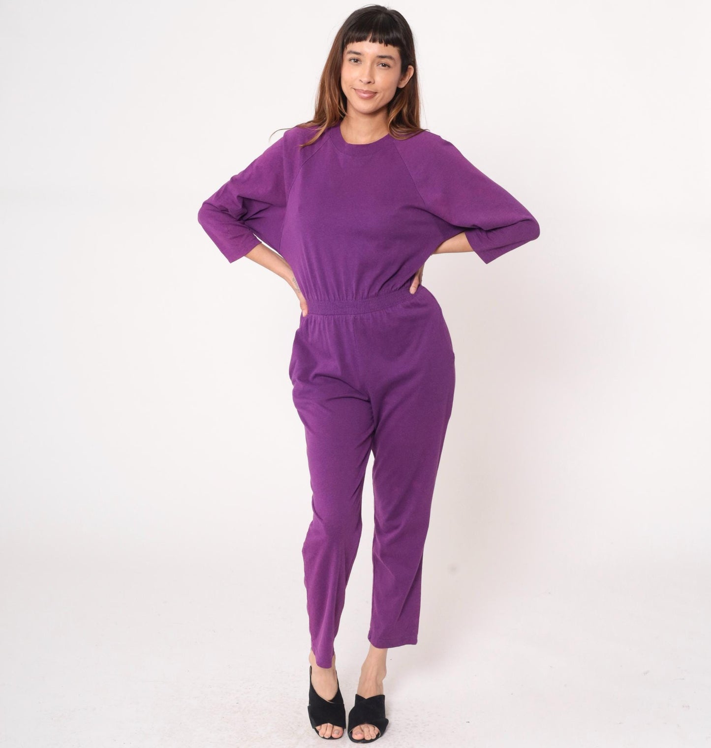 90s Purple Jumpsuit Cotton Raglan Crew Neck Tapered Ankle Medium M