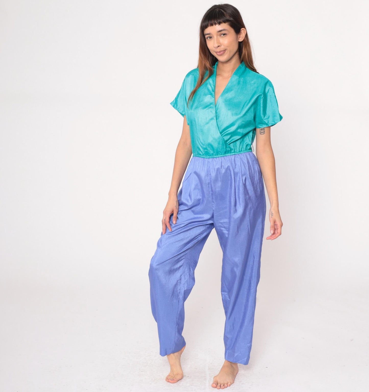 90s Joan Walters Colorblock Jumpsuit Teal Purple Wrap V-Neck Medium M