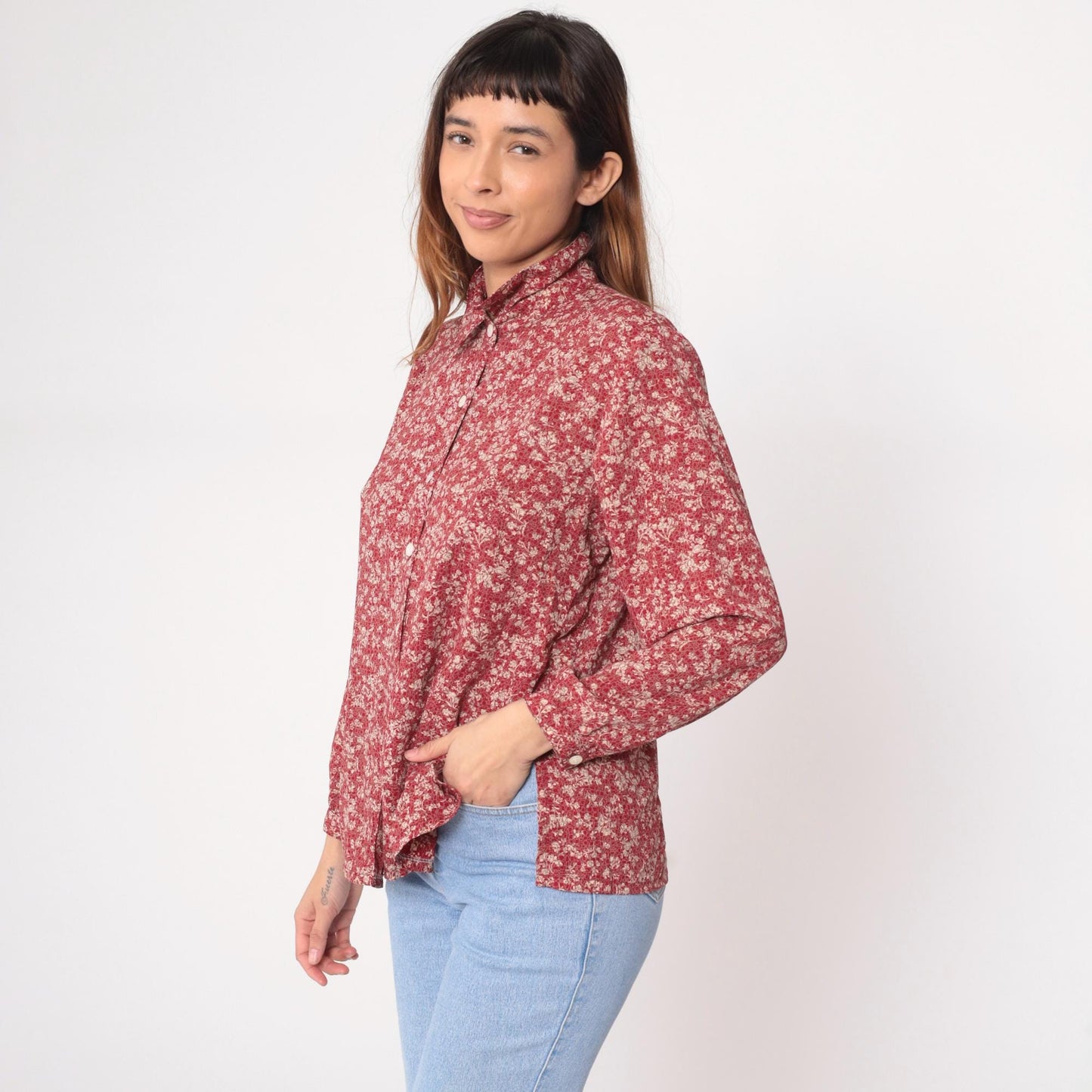 Y2K Burgundy Floral Button-Up Blouse TAK High Fashion Pointed Collar Large L