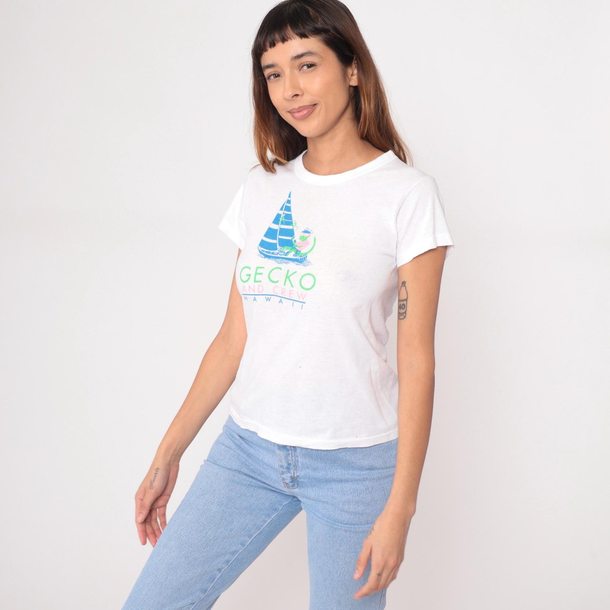 80s Gecko Sailboat Hawaii Graphic Tee White Cotton Hanes Extra Large XL